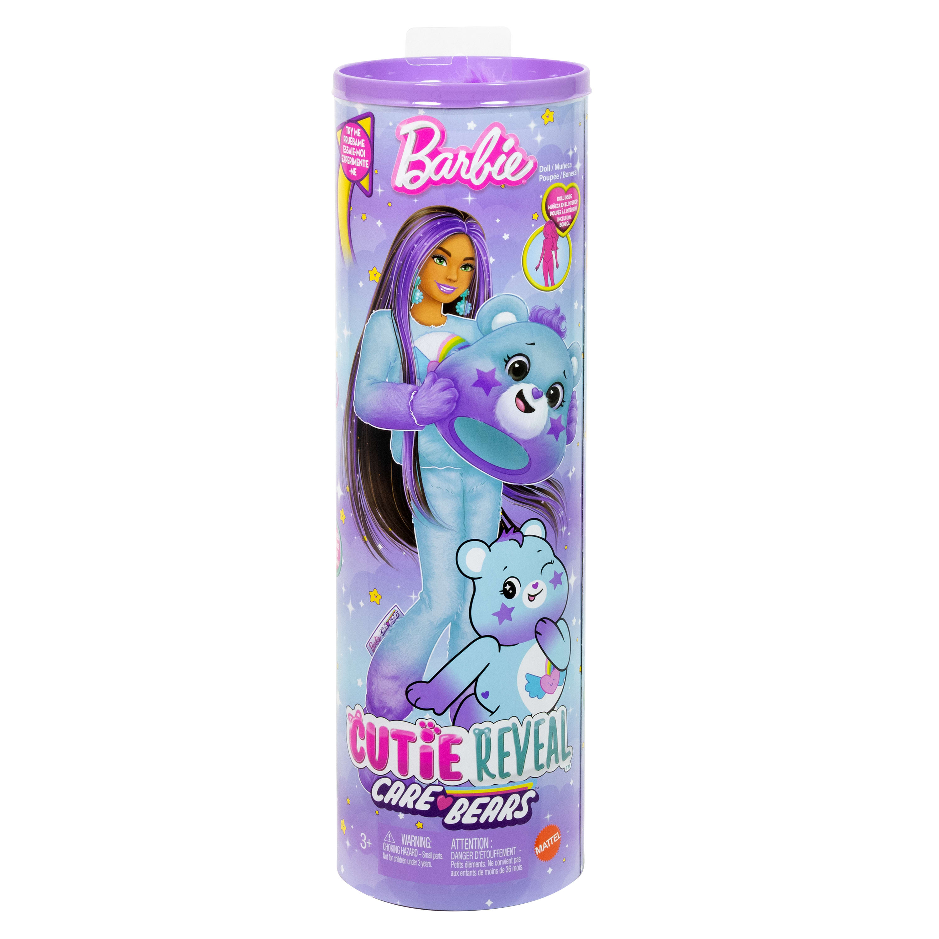 Eine Barbie Cutie Reveal Care Bears Puppenröhre. Sie zeigt eine Barbie-Puppe, die einen blauen Bären mit Sternen hält.