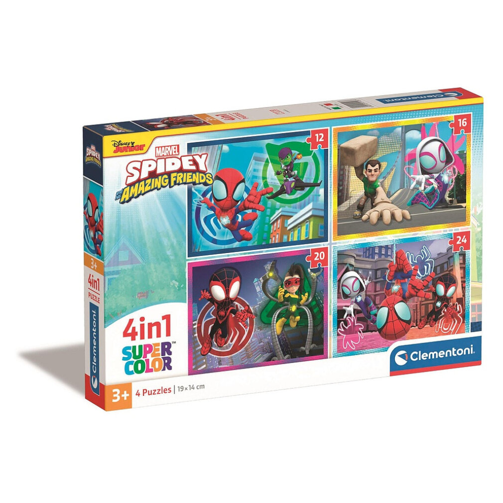 Zestaw 4 w 1 z puzzlami przedstawiającymi Spidey'ego i jego Niesamowitych Przyjaciół. Zawiera kilka obrazków z puzzli z różnymi postaciami.
