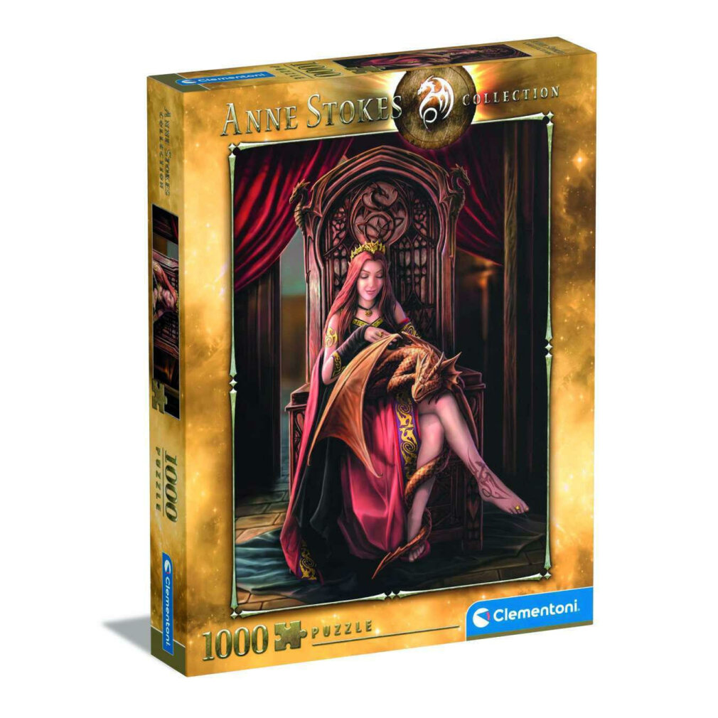 Pudełko z puzzlami przedstawia kobietę z rudymi włosami i smoka na tronie. Na pudełku napis Anne Stokes Collection i 1000 puzzli.