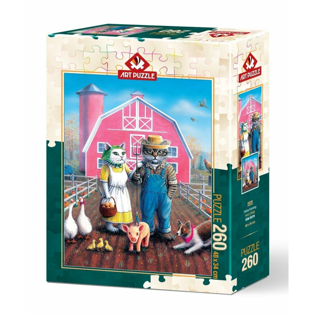 Bir yapboz kutusu, kırmızı bir ahırın önünde kedi çiftçilerini tasvir ediyor. Ön planda hayvanlar ve mahsuller. 'Feline Farming' yazıyor.