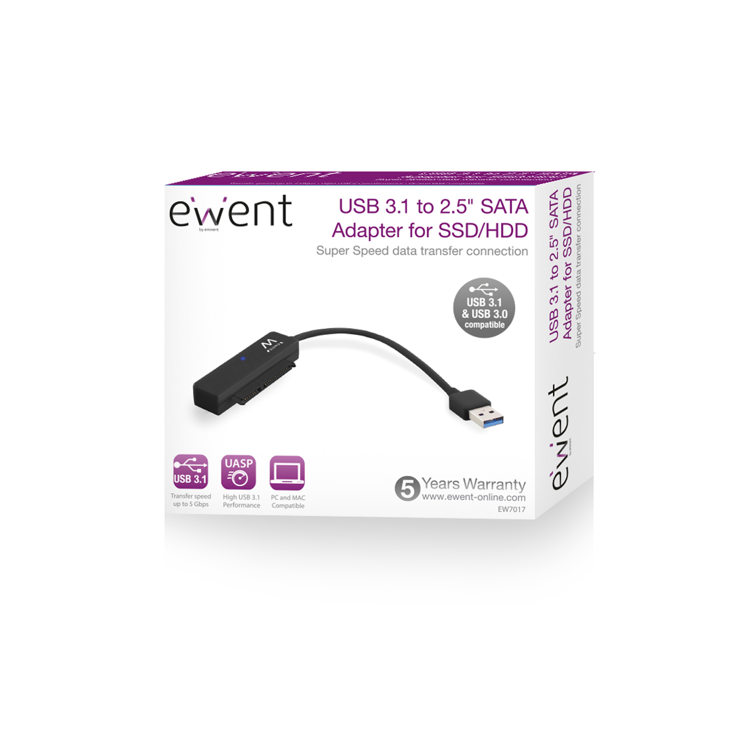Una caja blanca con un adaptador SATA USB 3.1 a 2.5. Tiene un adaptador negro con cable USB y la marca 'ewent'.