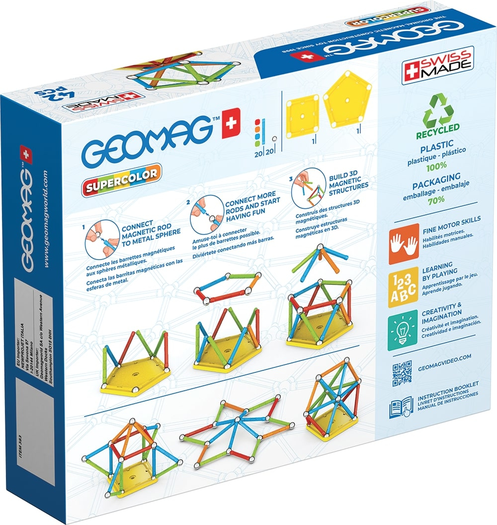 Eine Geomag Supercolor-Box mit Baubeispielen. Bunte Stäbe und Metallkugeln sind abgebildet. Swiss Made.