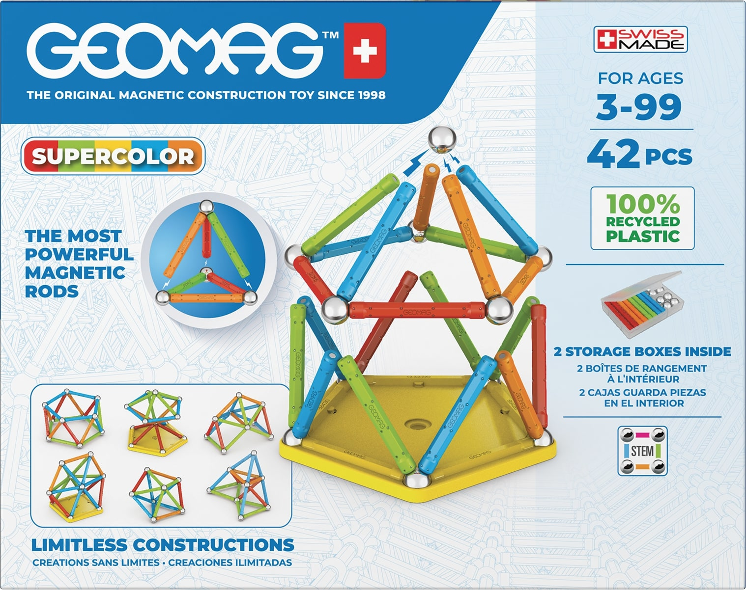 Eine Geomag-Spielzeugkiste. Sie zeigt bunte Magnetstäbe und Metallkugeln. Es steht 'Supercolor' und 'Limitless Constructions'.