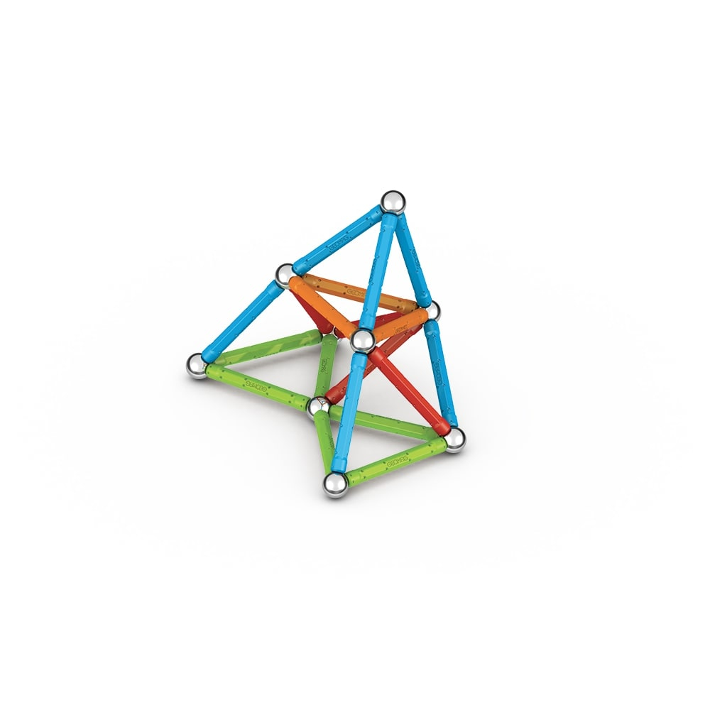 Eine farbenfrohe geometrische Konstruktion aus Stäben und Verbindern. Enthält blaue, orange, rote und grüne Elemente auf weißem Hintergrund.