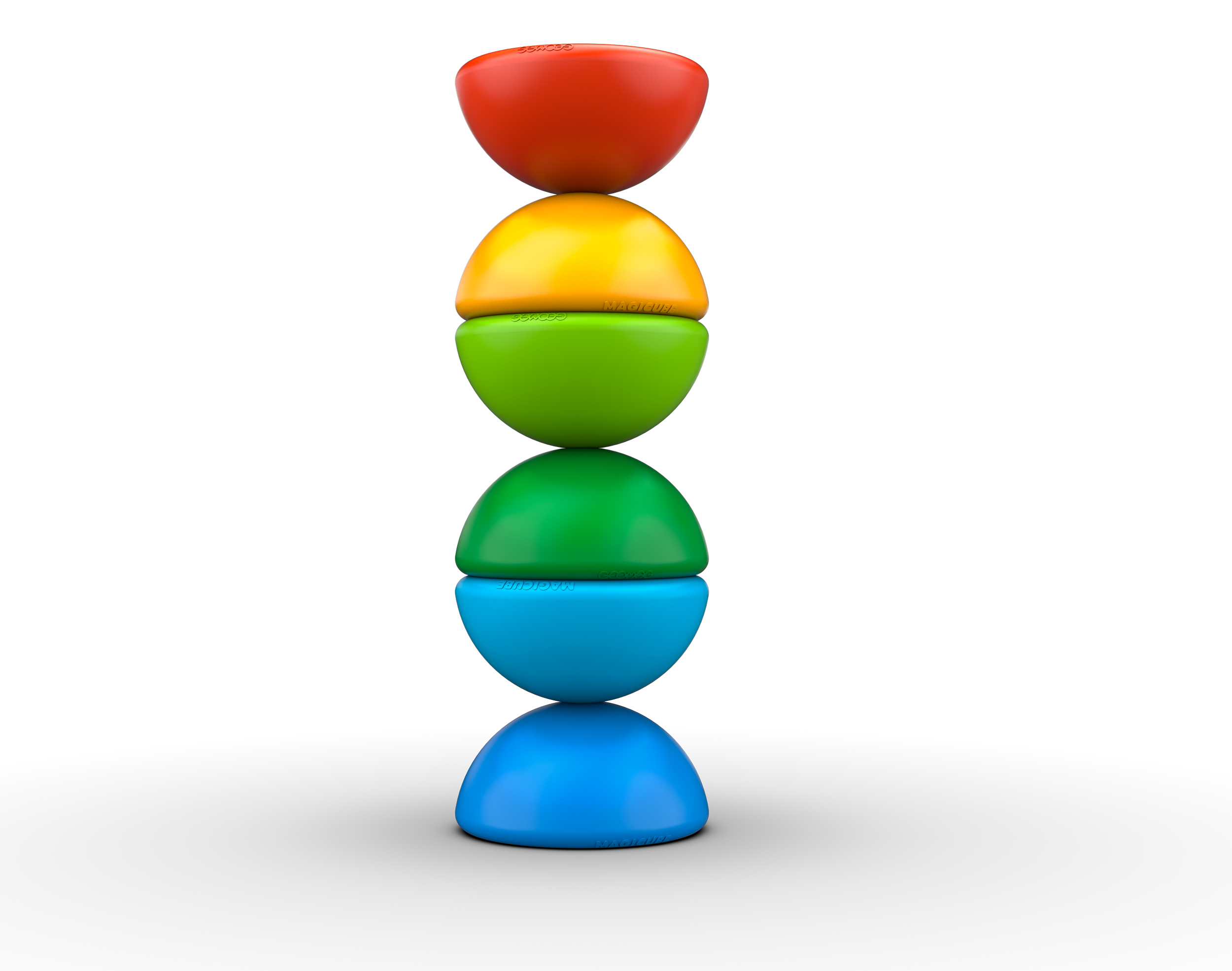 Una torre di forme colorate, semisferiche: rosso, giallo, verde, verde acqua e blu, impilate su sfondo bianco.