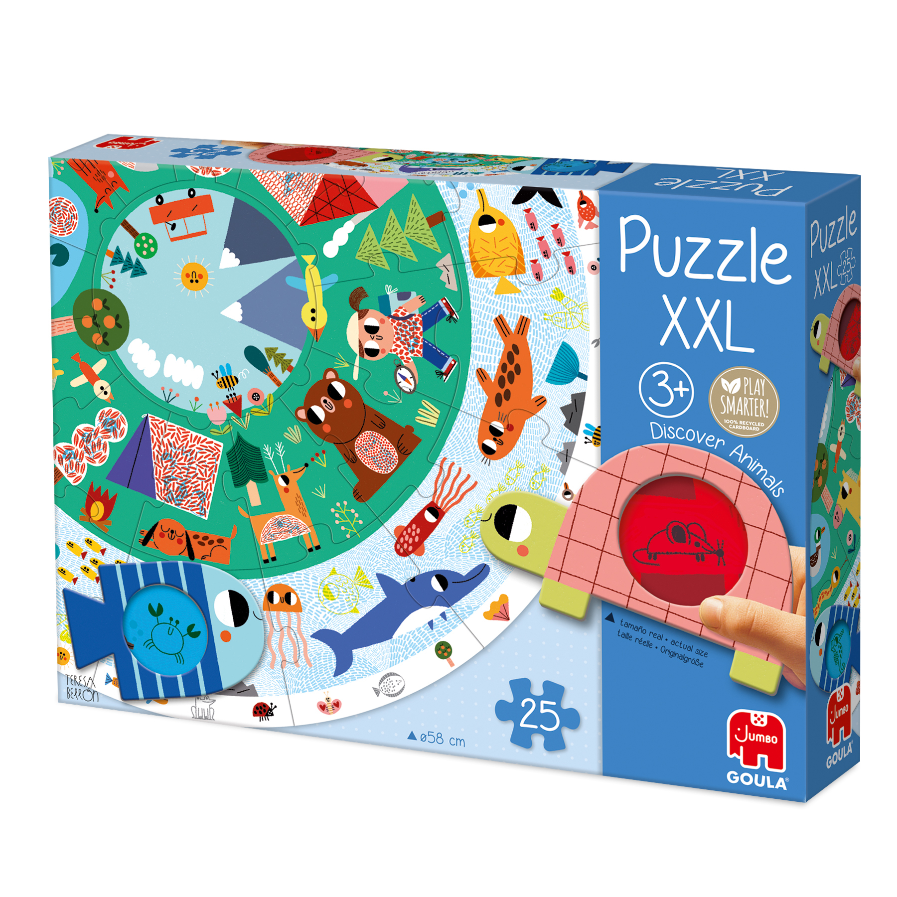 Puzzleschachtel mit Tierillustrationen. Mit Schildkröte, Krebs und anderen Tieren. Enthält Text: Puzzle XXL, Tiere entdecken.