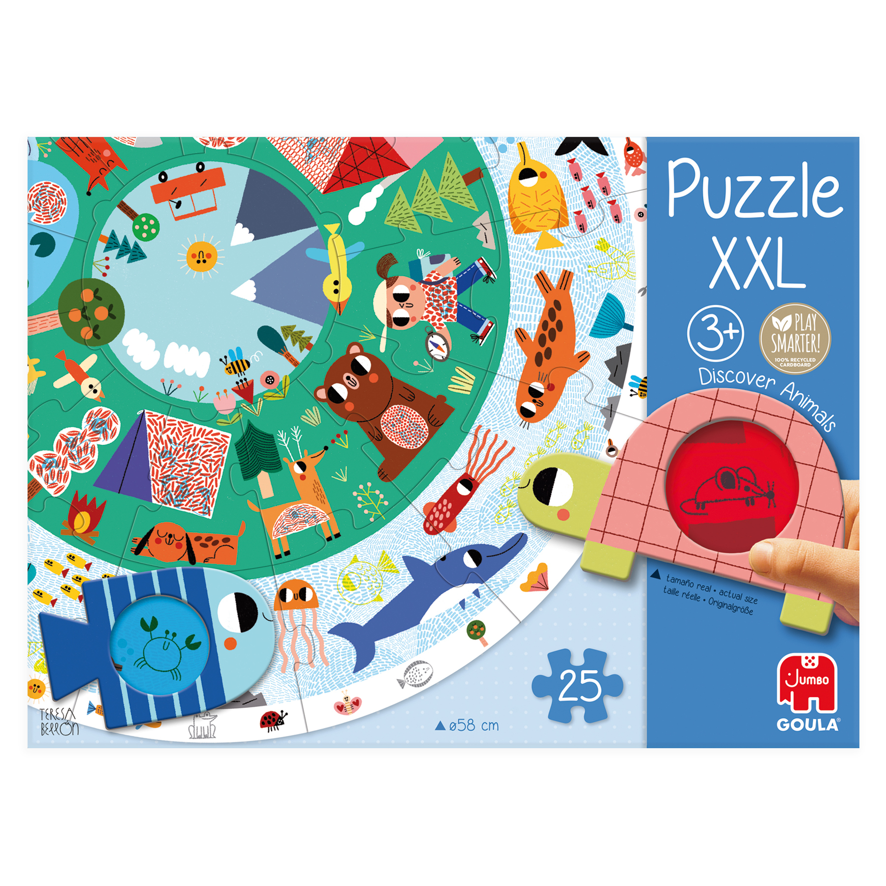 Puzzleschachtel mit Tierillustrationen. Enthält ein Puzzleteil mit einer Krabbe, einem Fisch und einer Maus.