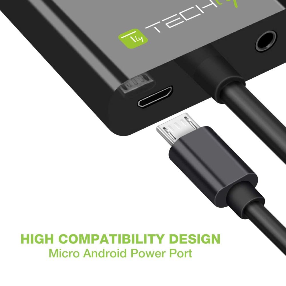 Czarny adapter z kablami, złączem micro USB i portem zasilania. Tekst: 'HIGH COMPATIBILITY DESIGN Micro Android Power Port'.