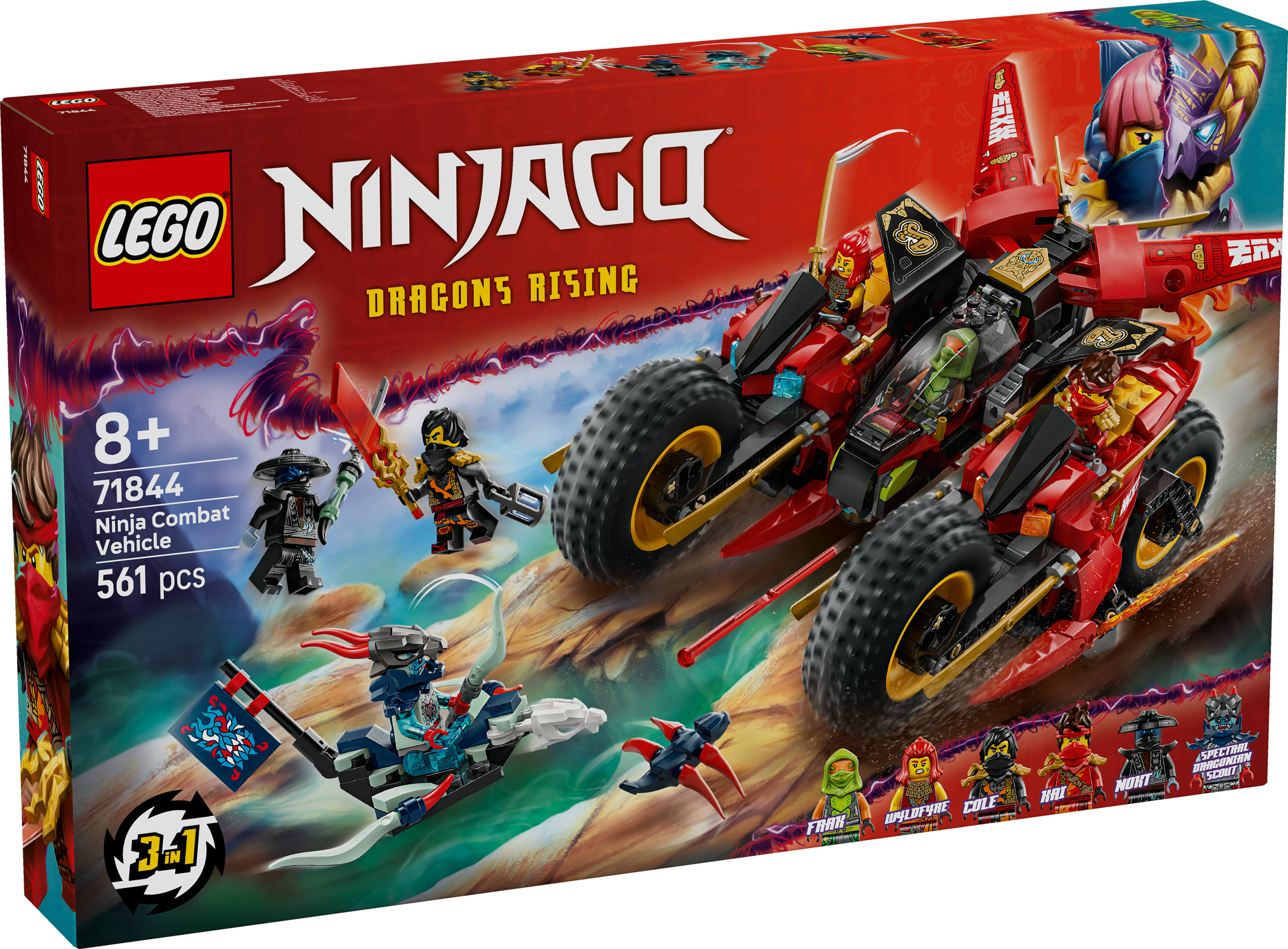 Pudełko LEGO Ninjago. Zawiera czerwony pojazd bojowy i minifigurki. Na pudełku napisano, że zestaw zawiera 561 elementów.
