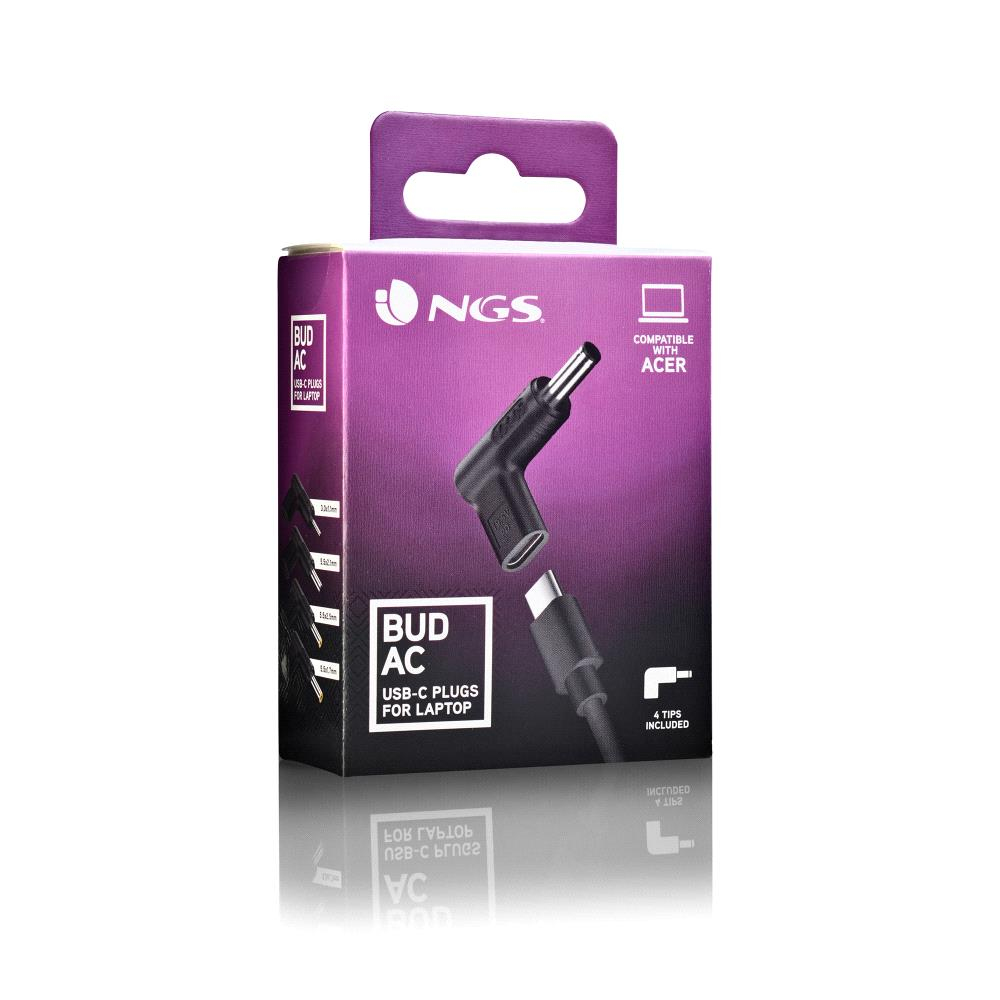 Una scatola con un caricabatterie per laptop. Ha il marchio NGS e la scritta "BUD AC USB-C PLUGS FOR LAPTOP". La scatola è viola e nera.