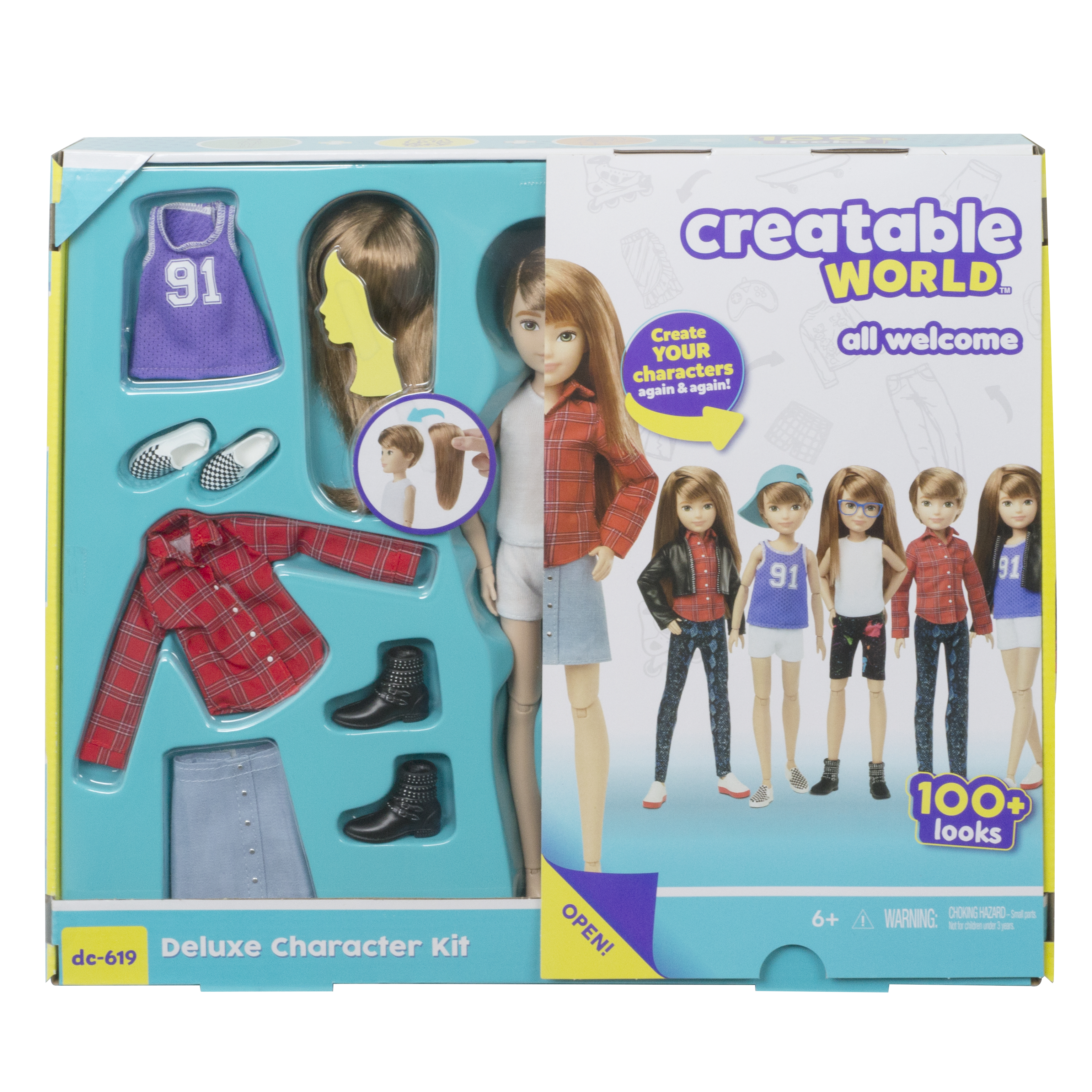 Eine Creatable World Deluxe Character Kit Box mit einer Puppe und Zubehör. Die Box hat eine Puppe und mehrere Outfits.