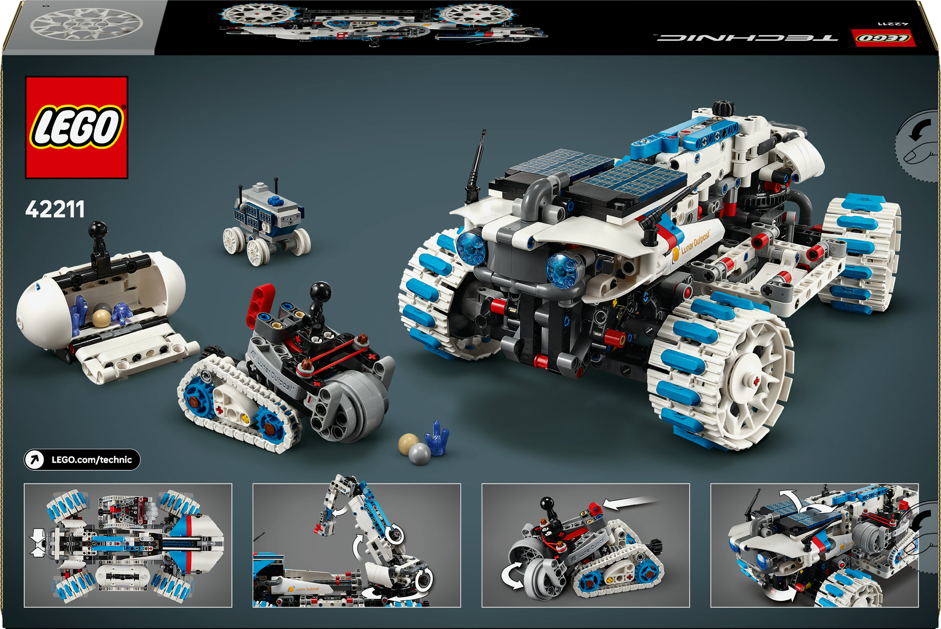 Grafika pudełka LEGO Technic. Zawiera lunarny posterunek, wiele łazików i ramię robota, wszystko w kolorach białym, niebieskim i czarnym.