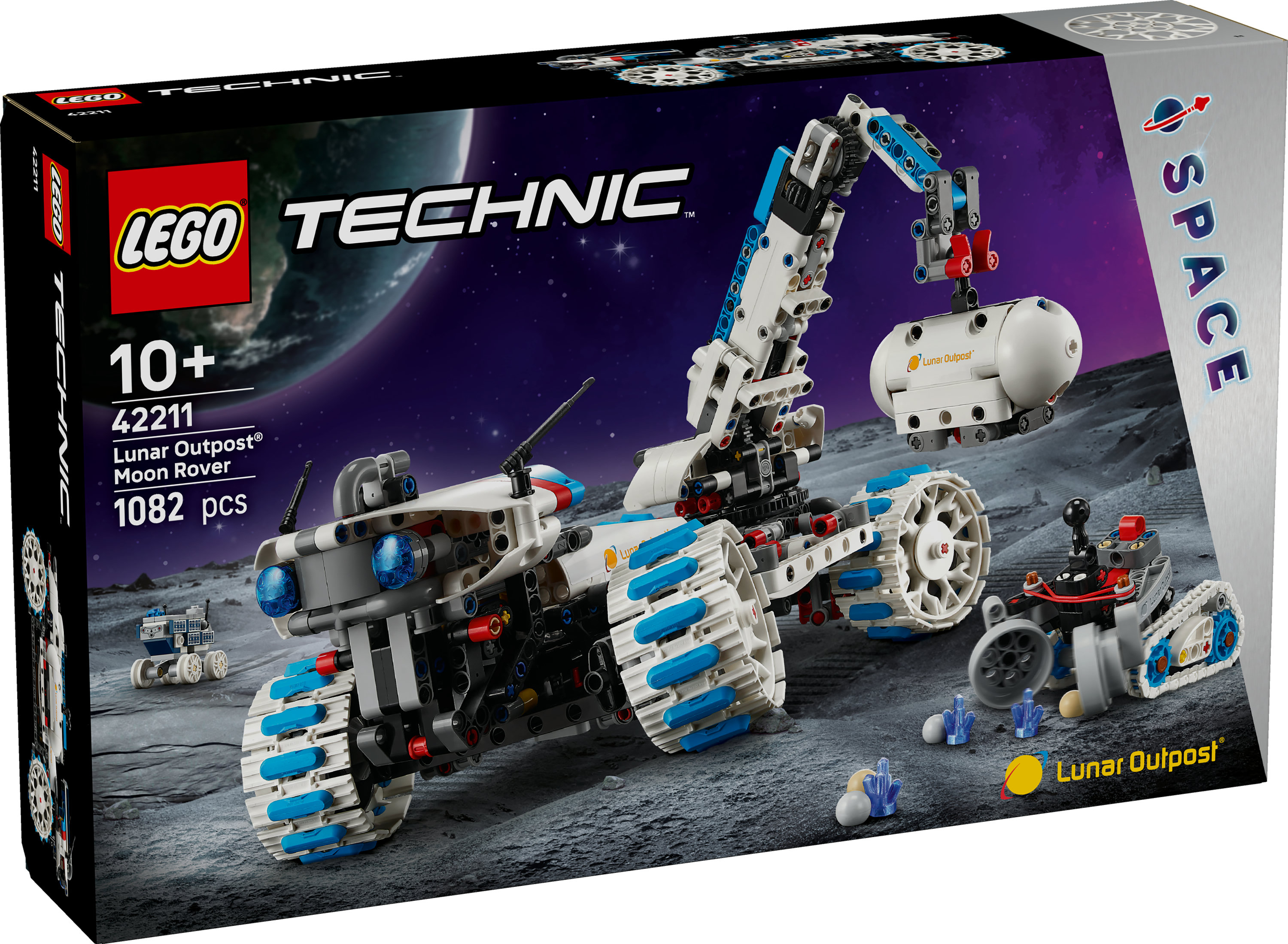 Pudełko Lego Technic Lunar Outpost Moon Rover. Zawiera szczegółowy model z niebieskimi i białymi akcentami i księżycowym tłem.