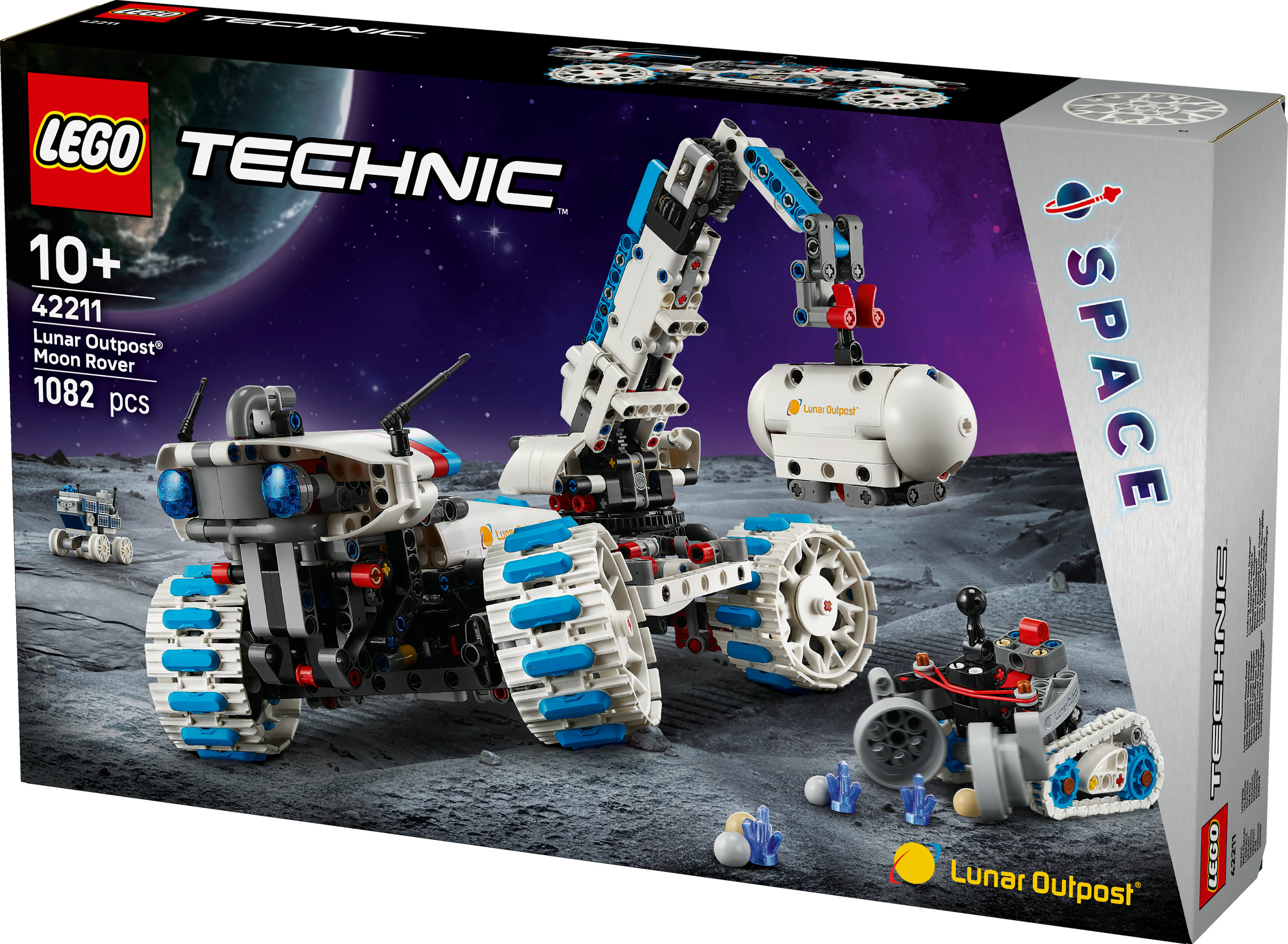 Pudełko zestawu Lego Technic Lunar Outpost Moon Rover. Zestaw zawiera łazik, dźwig i mały pojazd księżycowy.