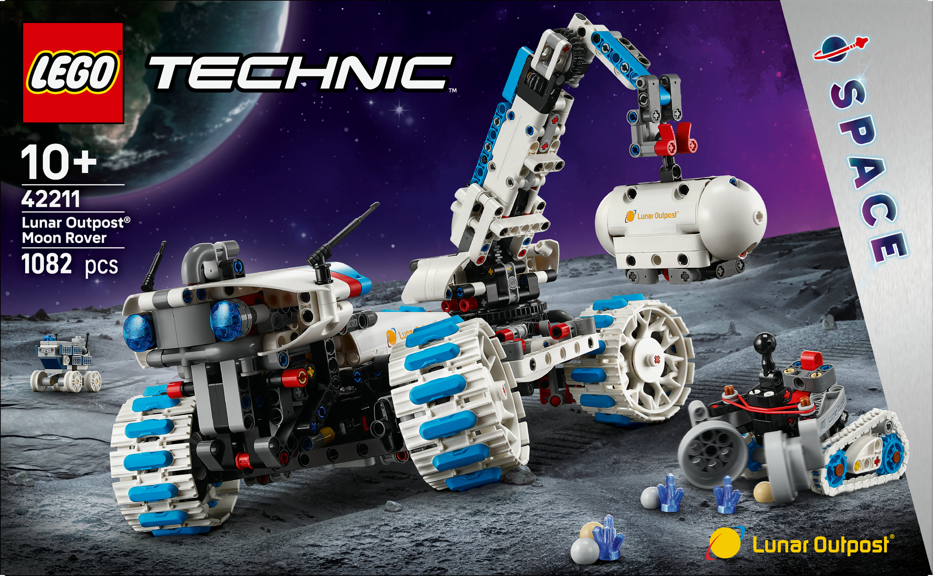 Zestaw LEGO Technic Lunar Outpost Moon Rover. Zawiera biały, niebieski i czarny rover na powierzchni księżyca z tłem kosmicznym.
