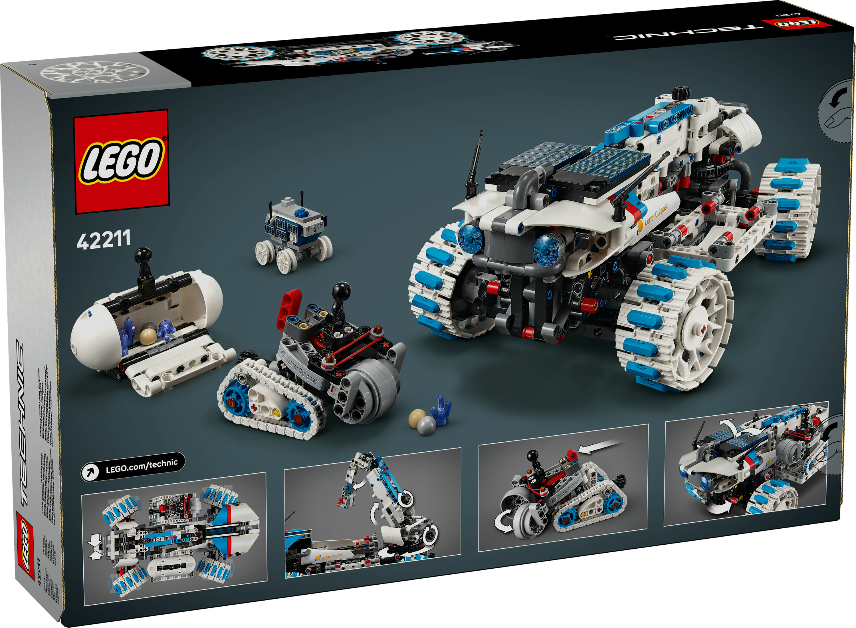 Pudełko LEGO Technic przedstawiające biało-niebieski model Lunar Outpost i inne pojazdy księżycowe.