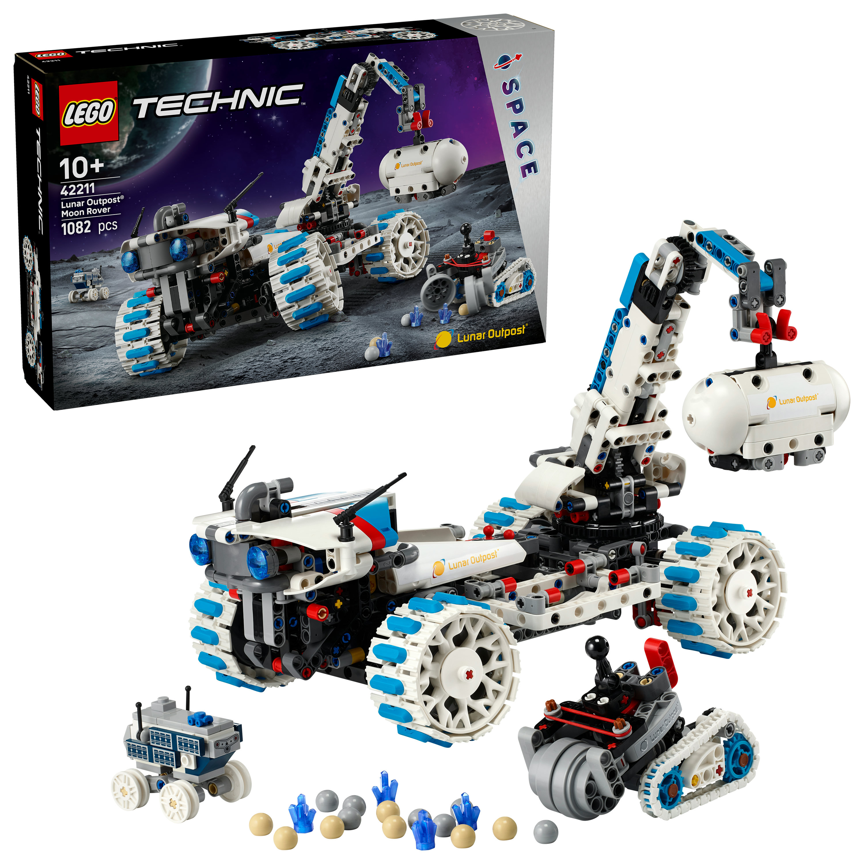 Zestaw Lego Technic Lunar Outpost z łazikiem księżycowym, pudełkiem i innymi małymi modelami łazików na białym tle.