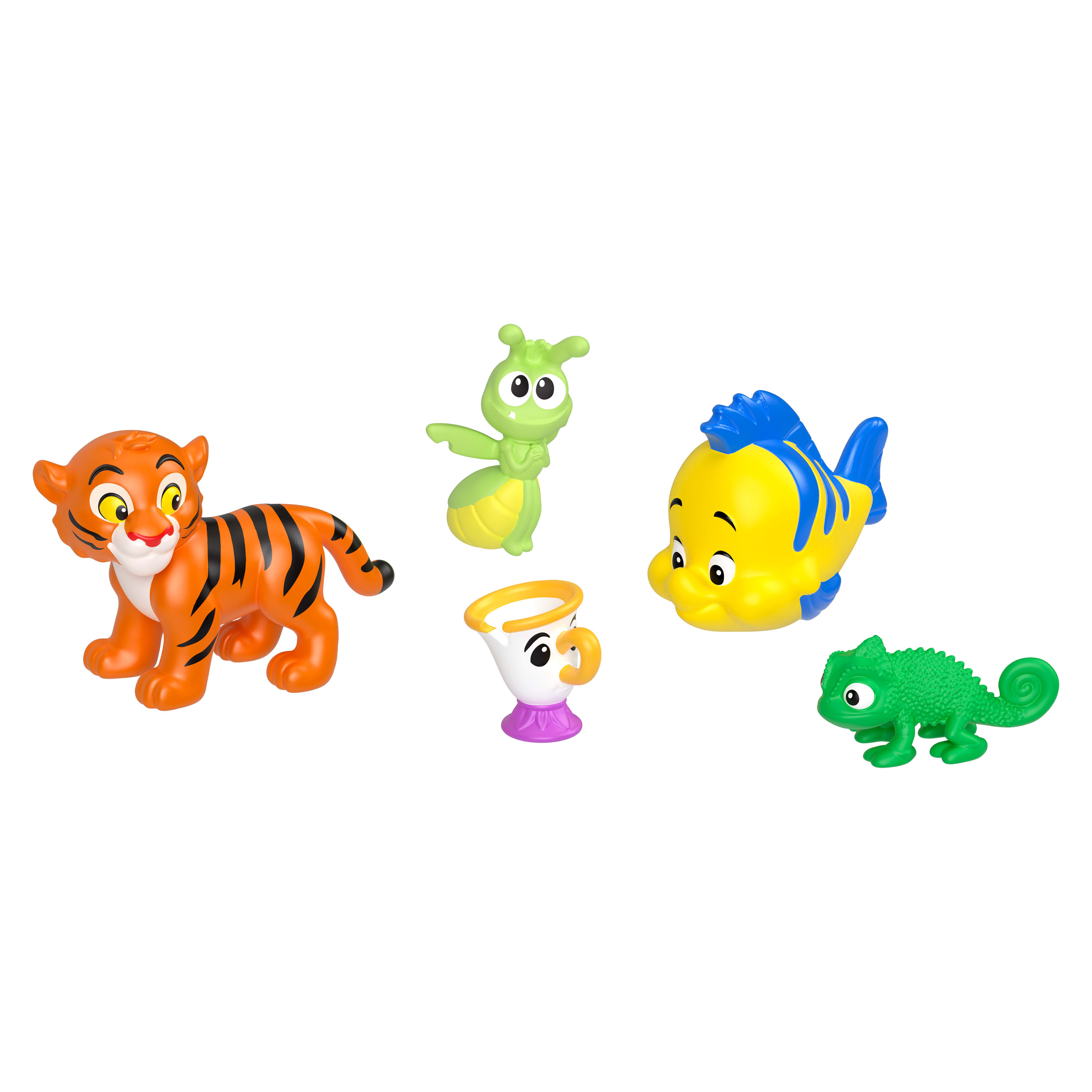 Figurki: tygrys, zielony robak, żółta ryba, biały kubek i zielony kameleon. Wszystko na białym tle.