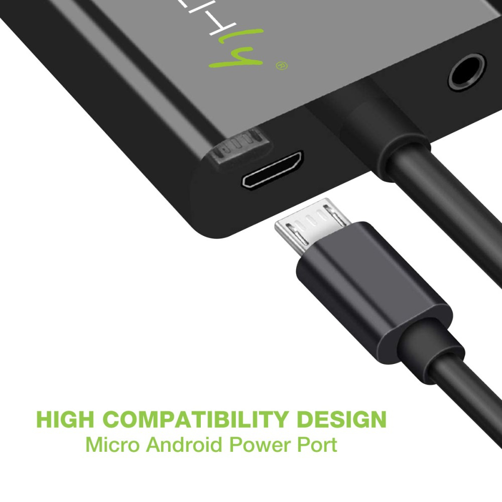 Dispositivo negro con cable micro USB enchufado. El texto dice: 'HIGH COMPATIBILITY DESIGN Micro Android Power Port'.
