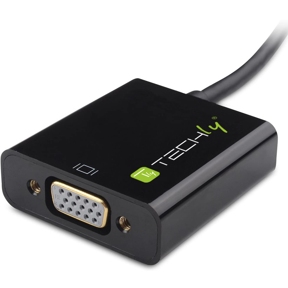 Adaptador Techly negro con conector VGA y cable. El logotipo es verde. El adaptador está sobre una superficie blanca.