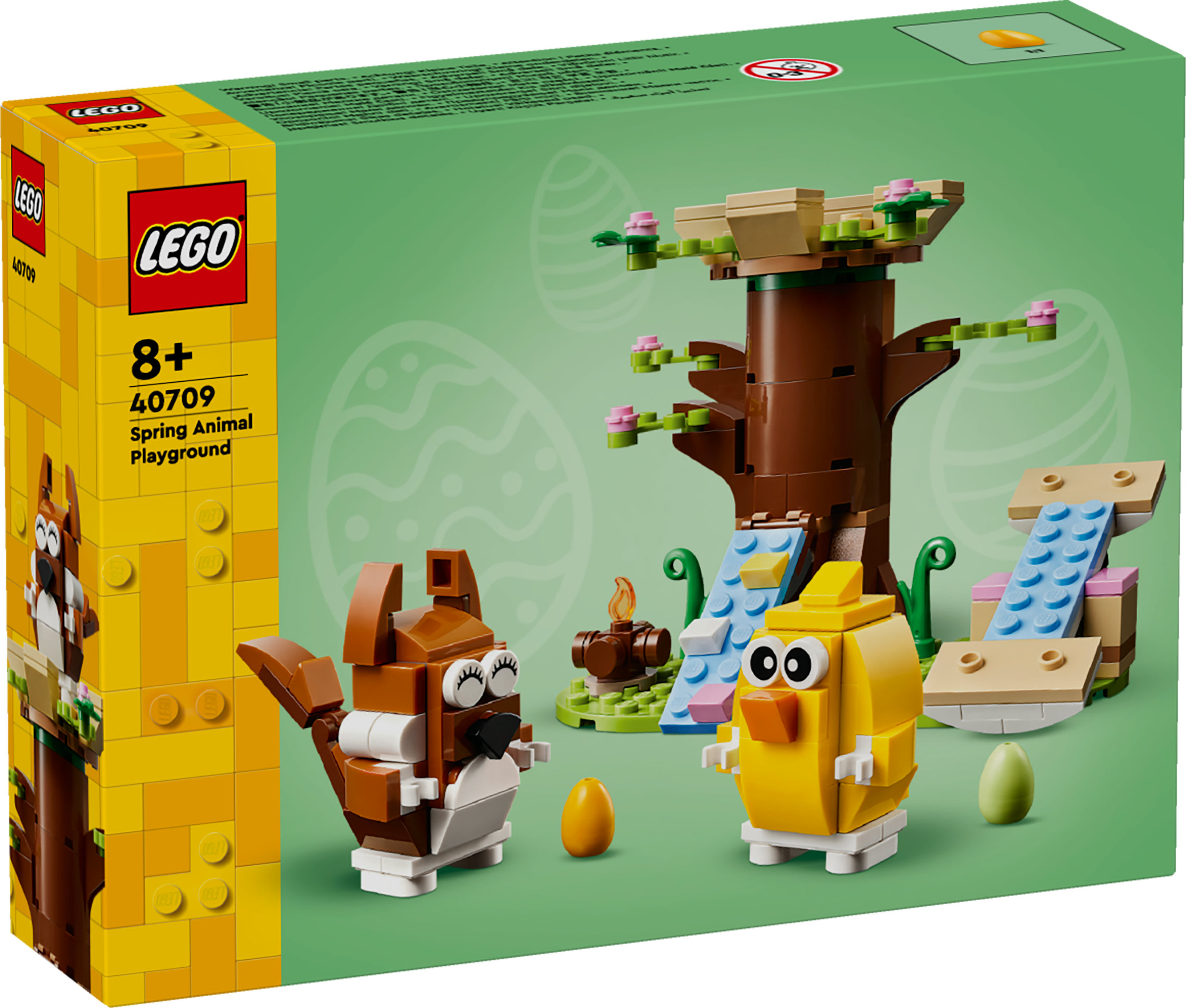 Scatola del set Lego. Presenta uno scoiattolo, un pulcino, un albero ed elementi del parco giochi. Sfondo verde con contorni di uova di Pasqua.