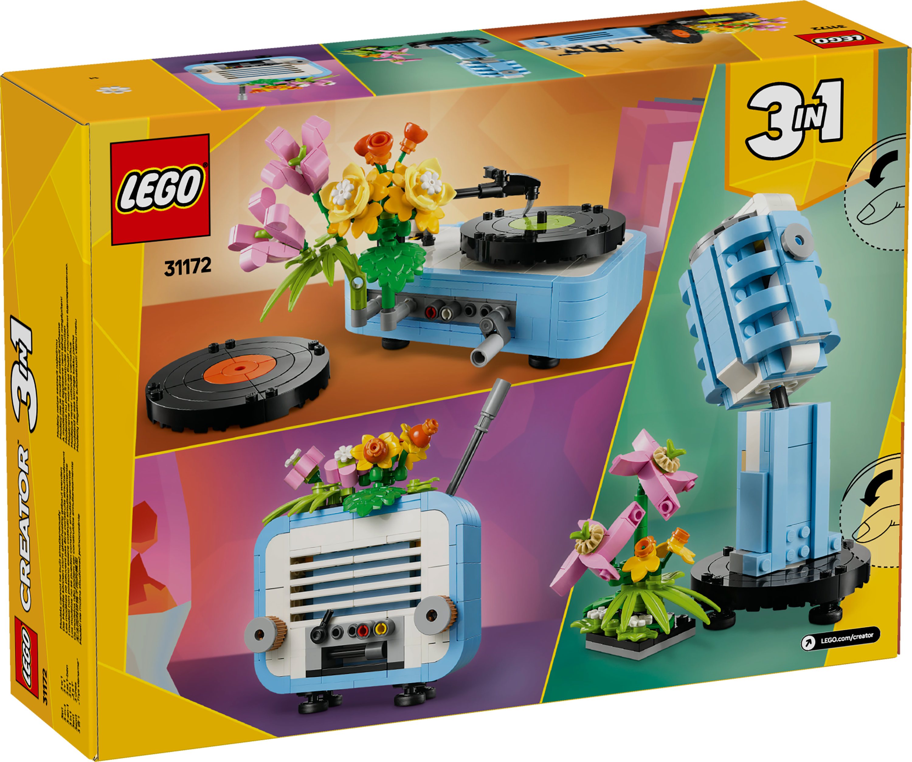 LEGO Creator kutu seti. 3'ü 1 arada bir model, pikap, radyo ve hoparlör, hepsi çiçek dekorasyonlu olarak gösterir.