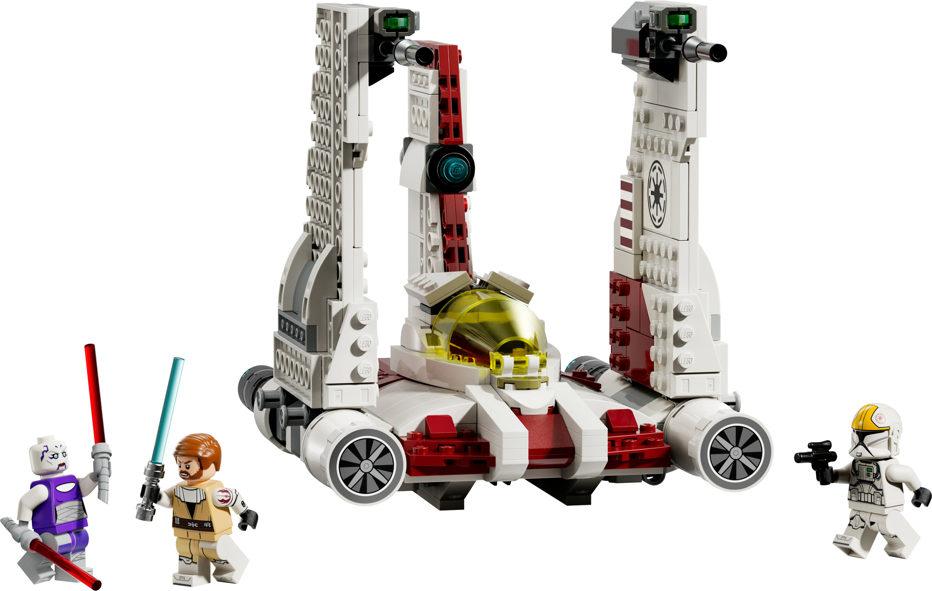 Zestaw Lego Star Wars. Zawiera statek, trzy minifigurki z mieczami świetlnymi i żołnierza-klona.