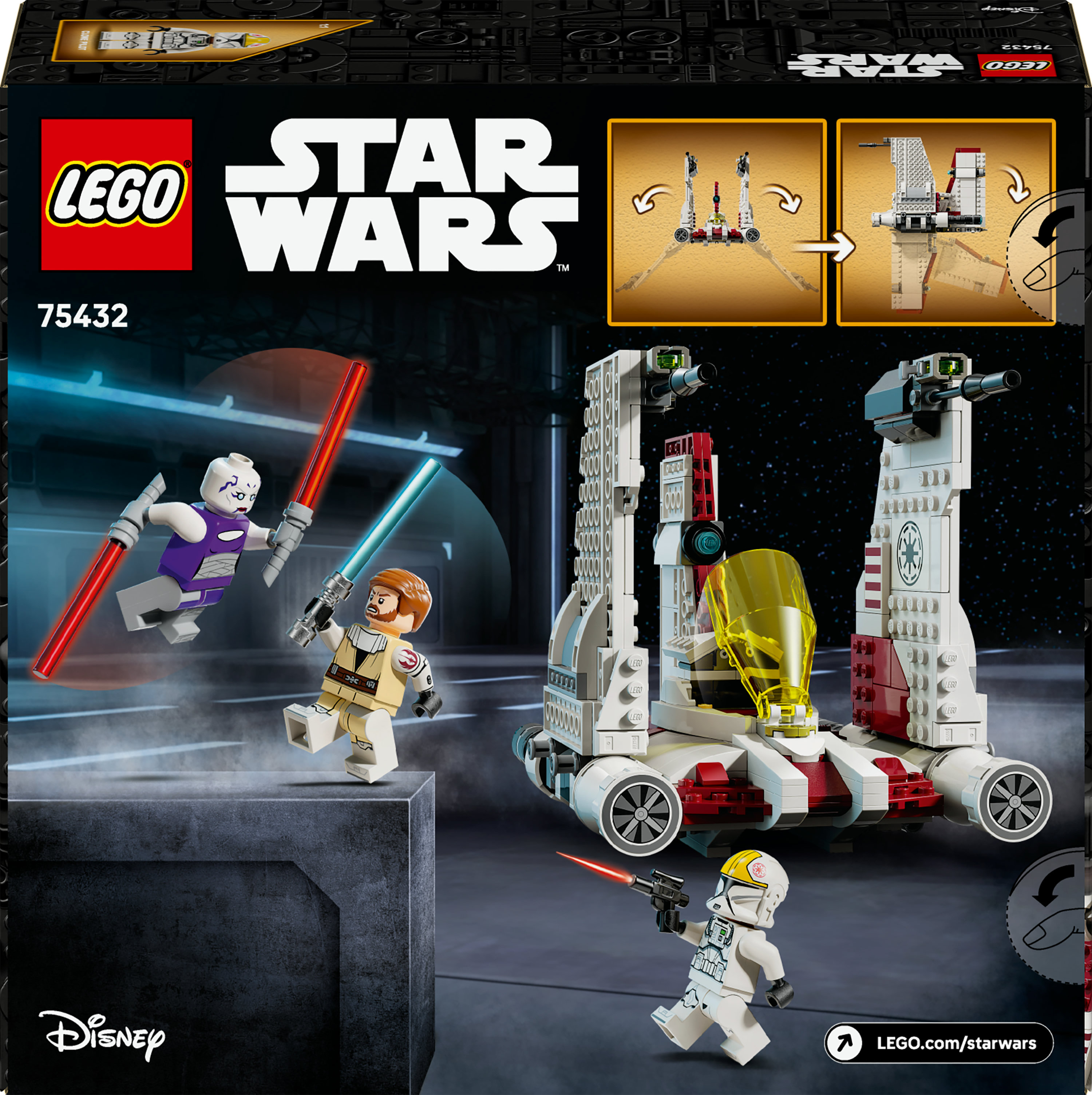 Pudełko zestawu LEGO Star Wars z minifigurkami i statkiem. Figurki to Jedi i Pilot Klonów.