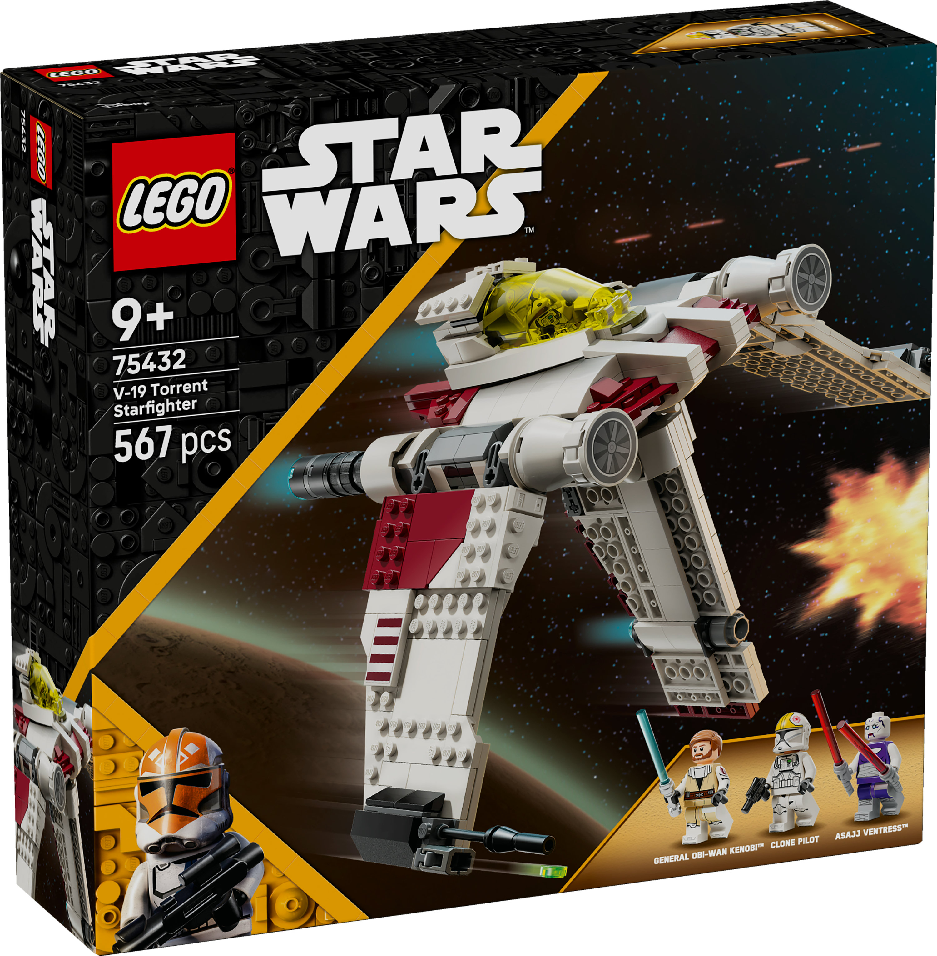 Pudełko Lego Star Wars. Zawiera V-19 Torrent Starfighter, minifigurki Obi-Wana Kenobiego, pilota klona i Asajj Ventress.