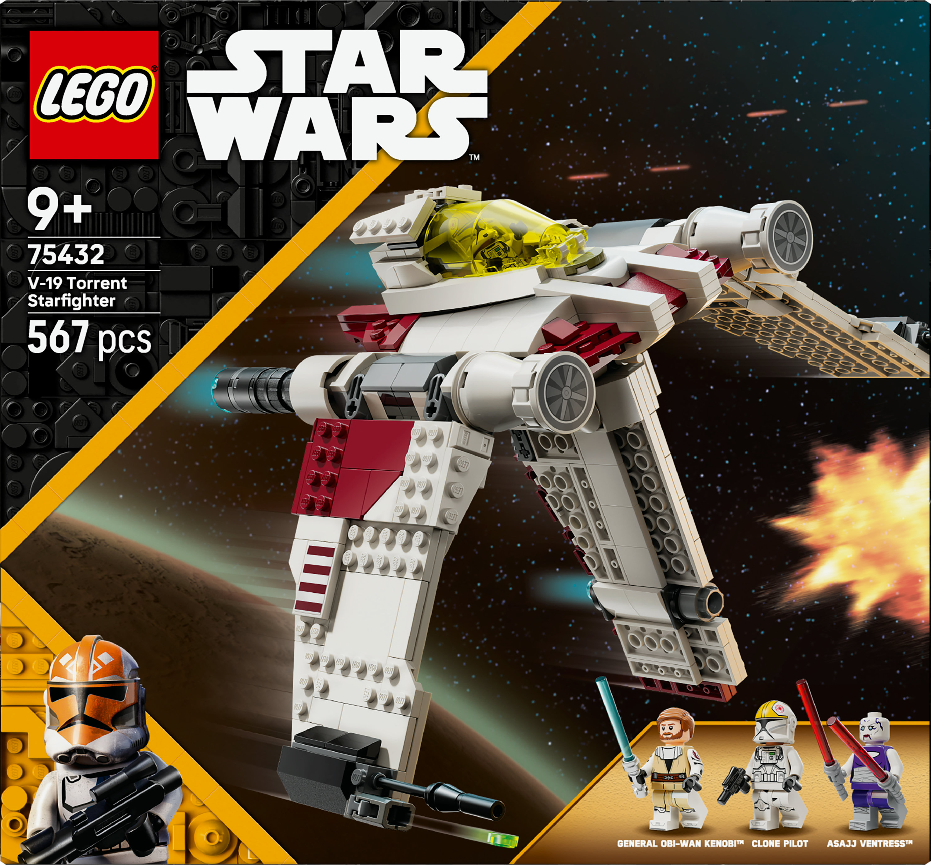 Zestaw Lego Star Wars. Model V-19 Torrent Starfighter z minifigurkami na tle kosmicznym.