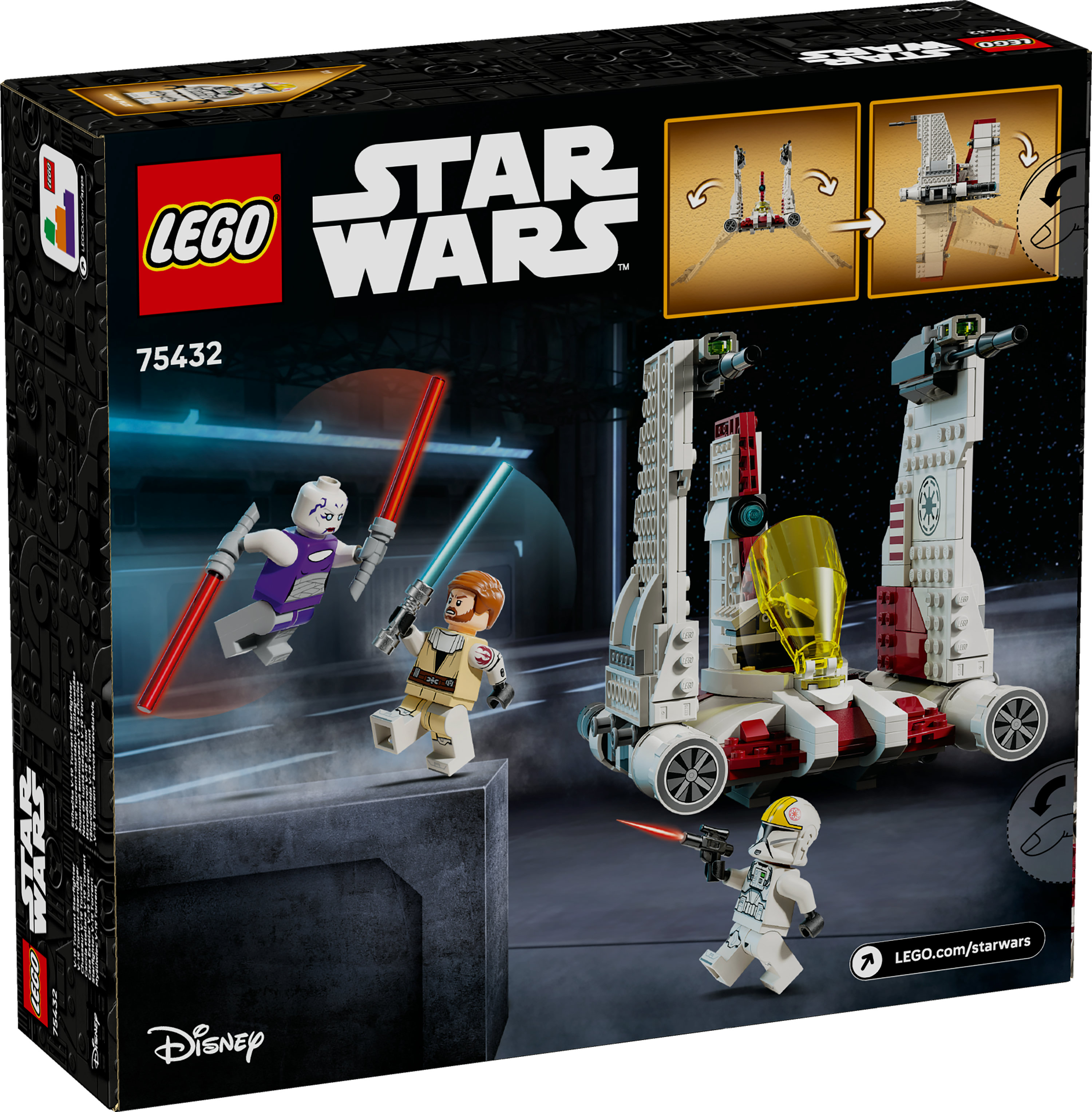 Pudełko Lego Star Wars. Zawiera figurki Lego, statek i logo Star Wars. Czarne tło z logo Lego.