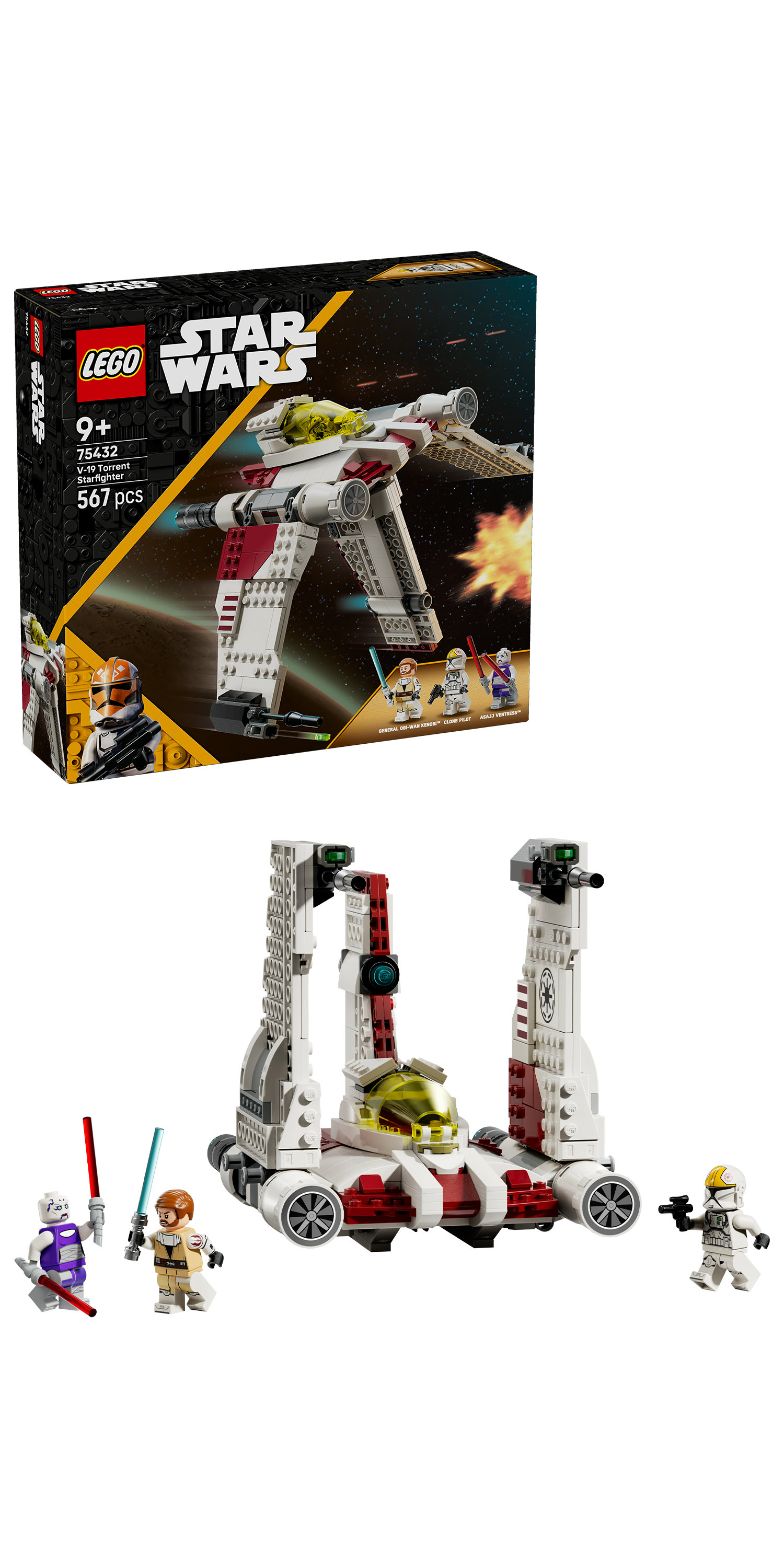 Zestaw Lego Star Wars. Zawiera model V-19 Torrent Starfighter, minifigurki Obi-Wana Kenobiego i innych postaci.