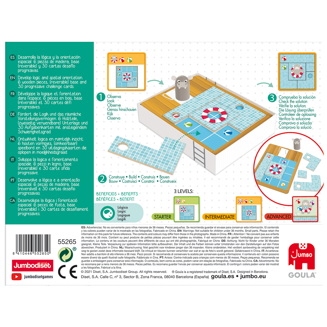 Caja de juego con hipopótamo, piscina, salvavidas y cartas de desafío. Se muestran tres niveles de dificultad.