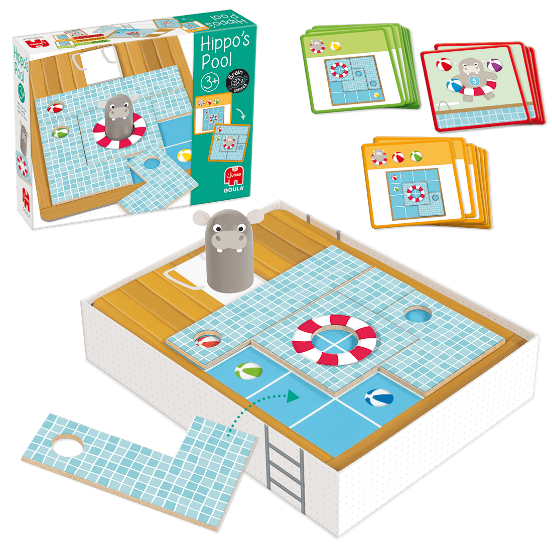Un juego infantil, Hippo's Pool, con una figura de hipopótamo, un tablero de juego con temática de piscina, cartas y una caja. El juego tiene temática de piscina.
