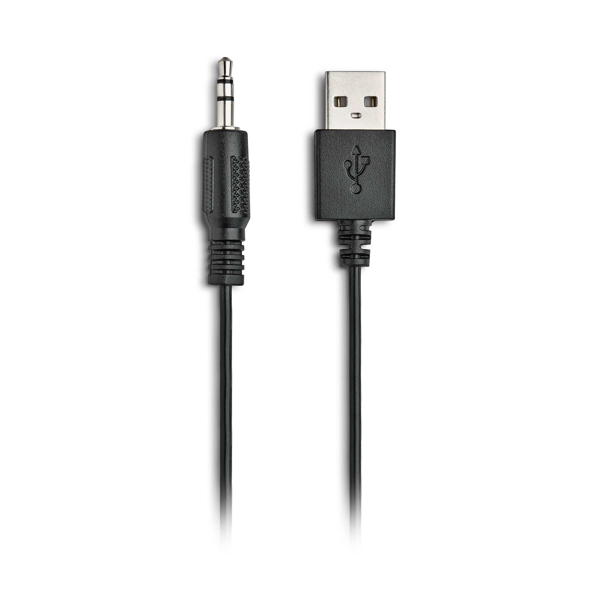 Das Bild zeigt ein schwarzes Audio-Jack-Kabel und ein USB-Kabel nebeneinander vor weißem Hintergrund.