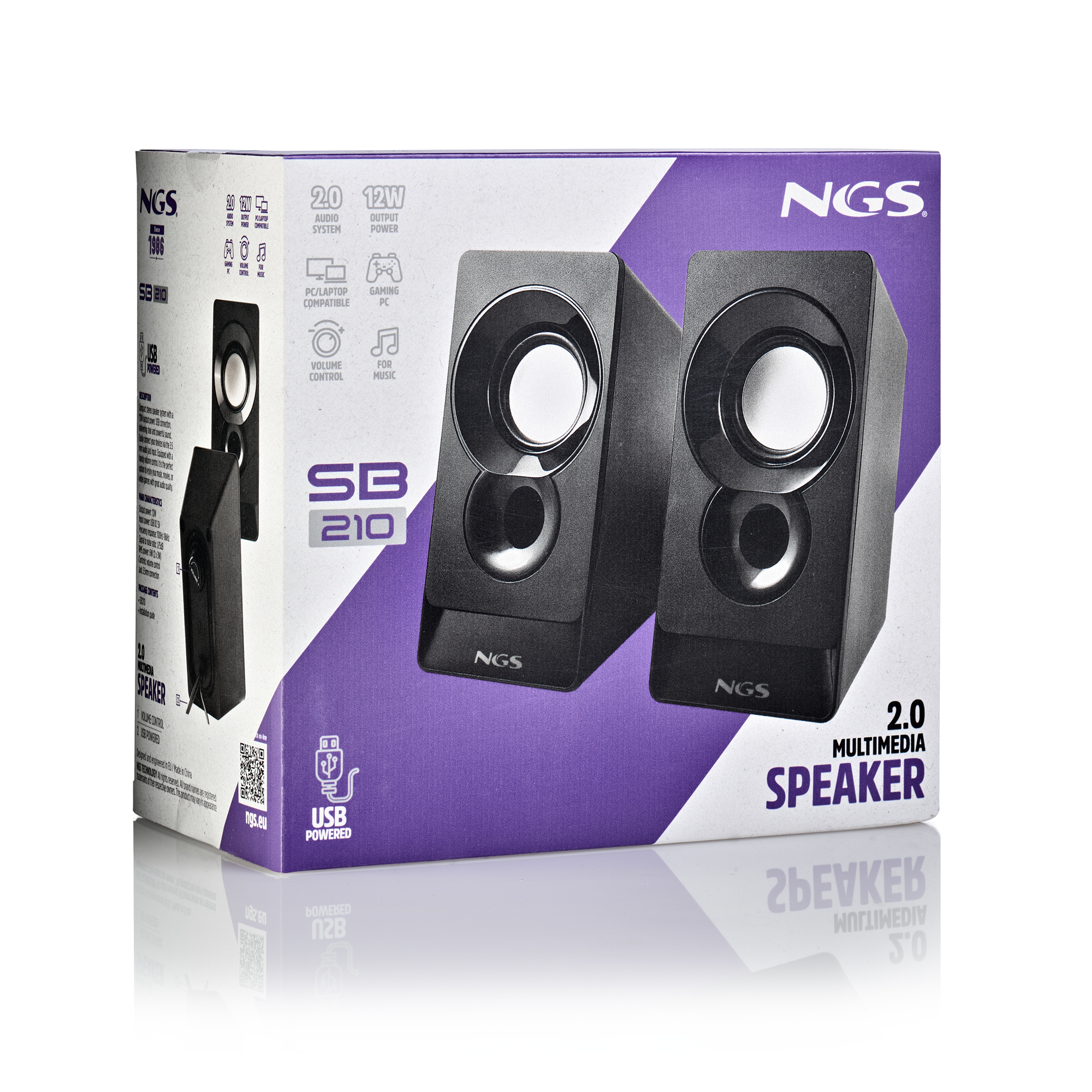 Eine Schachtel mit schwarzen Multimedia-Lautsprechern mit weißen Details, beschriftet mit 'NGS SB 210' und Symbolen für Audiosystem und Musik.
