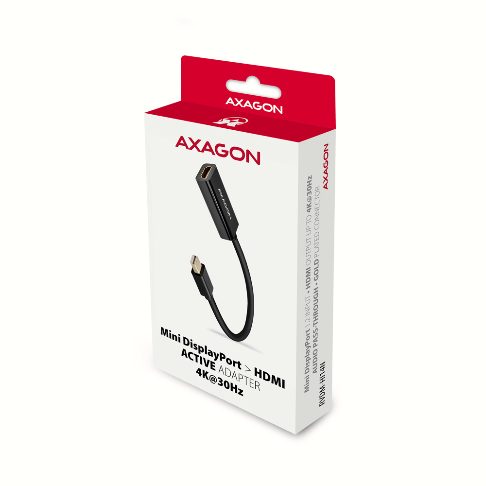 Białe pudełko z czerwoną górą zawiera czarny adapter Mini DisplayPort do HDMI. Tekst zawiera 'AXAGON' i szczegóły adaptera.