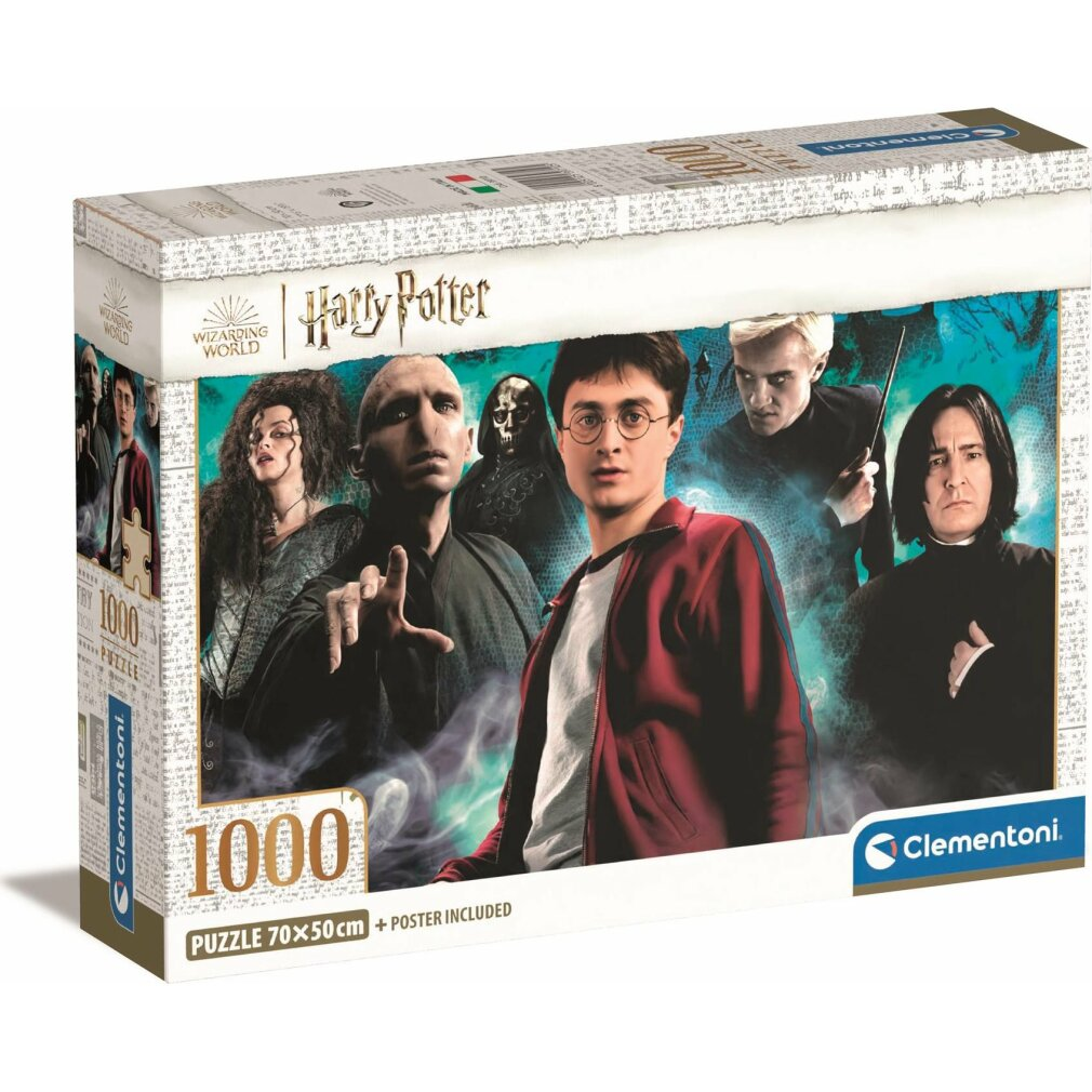 Een Harry Potter puzzelbox. Het bevat personages als Harry, Voldemort en Sneep. Op de doos staat '1000 puzzle' en 'Clementoni'.
