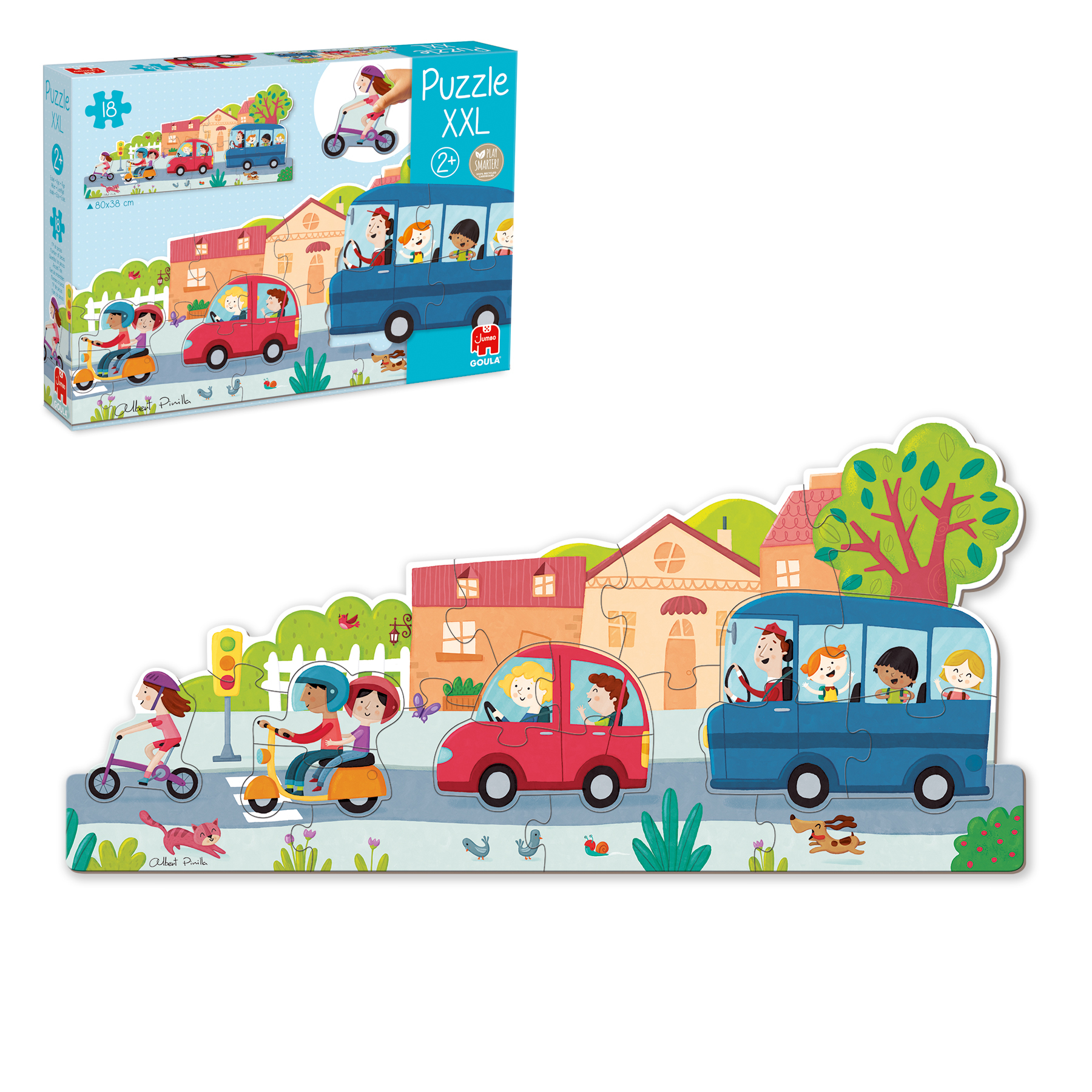 Een puzzel met auto's, scooters en een bus. Er zitten mensen in. Gebouwen en een boom op de achtergrond.
