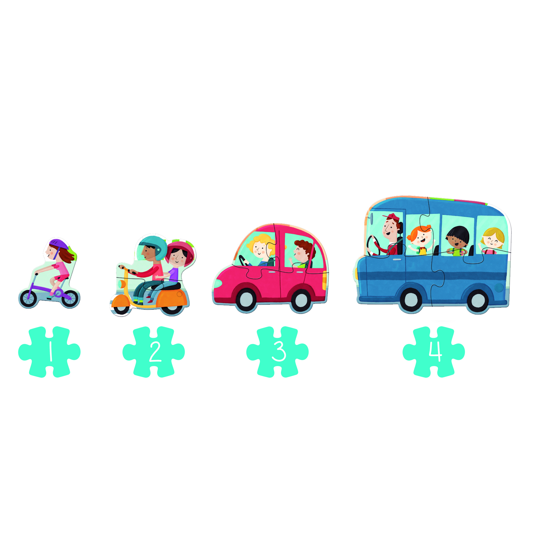 Puzzel van voertuigen: scooter, auto, bus en fiets. Elk heeft mensen. Nummers en puzzelstukken eronder.