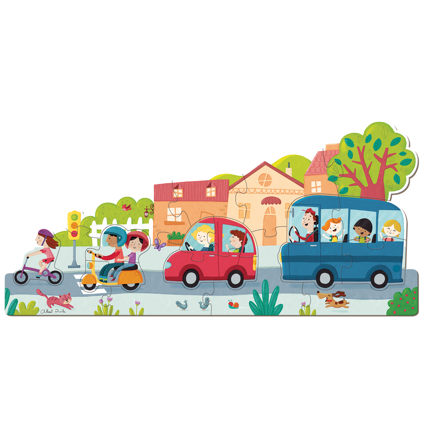 Puzzel van een straatbeeld met voertuigen en mensen. Inclusief scooter, auto, bus, huizen, bomen en dieren.