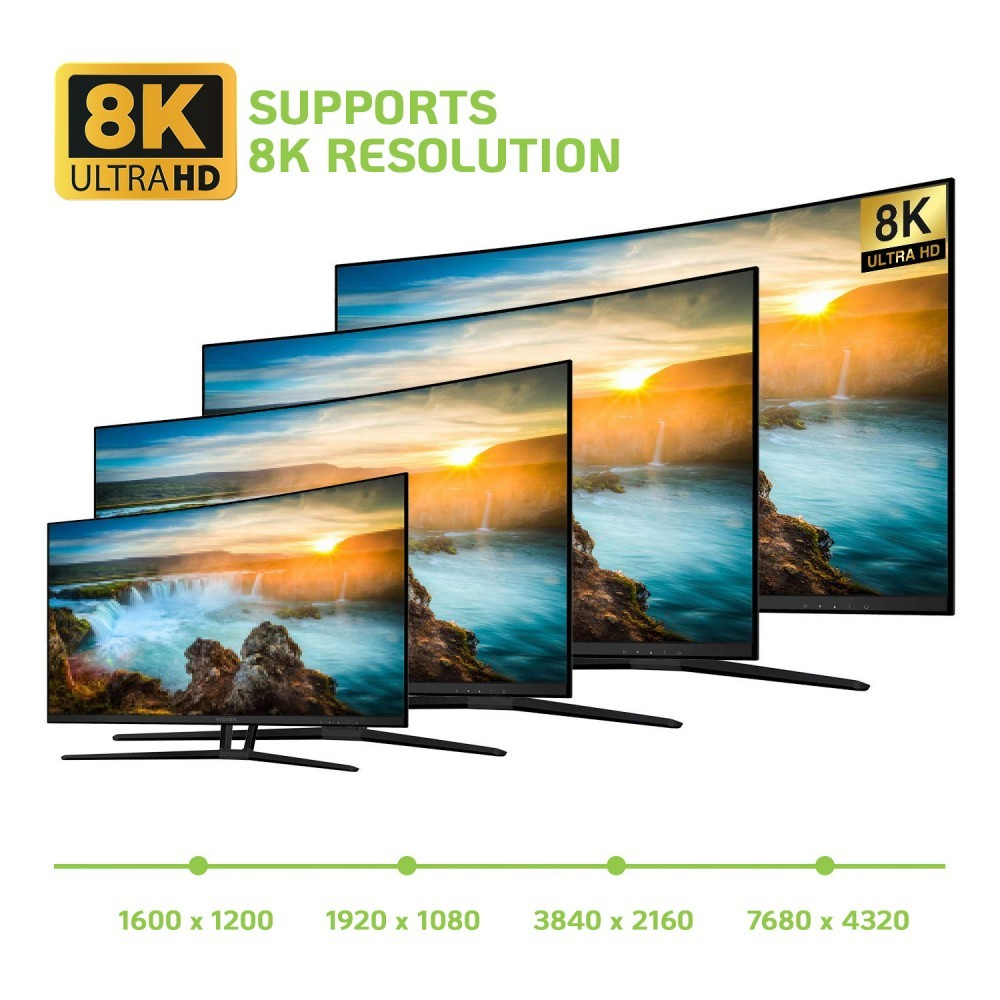 La imagen muestra 4 televisores, cada uno mostrando un paisaje. El texto superior dice '8K Ultra HD' y 'Supports 8K Resolution'. Los detalles de resolución están abajo.