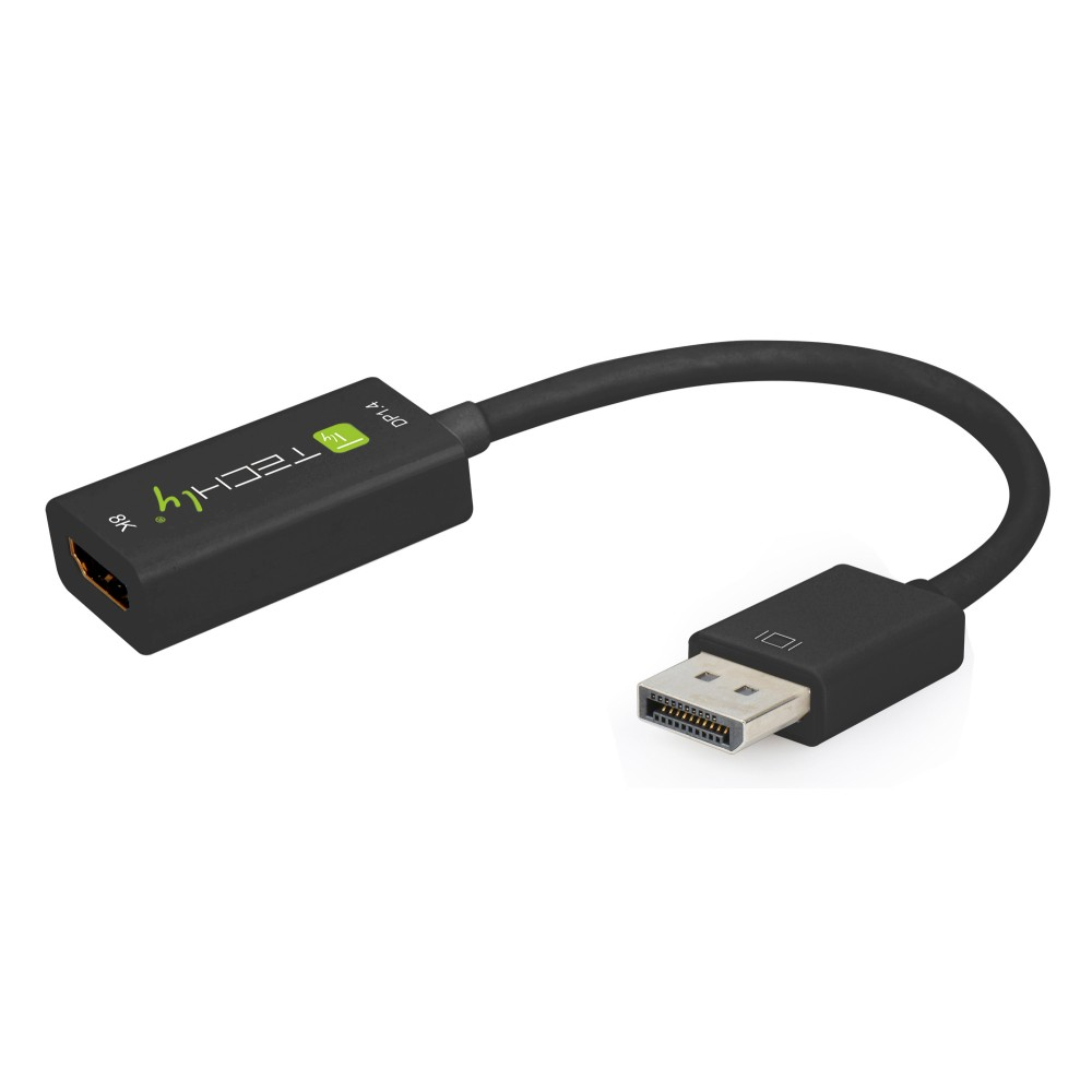Adaptador negro de HDMI a DisplayPort. Tiene dos conectores, uno HDMI y otro DisplayPort, conectados por un cable negro.