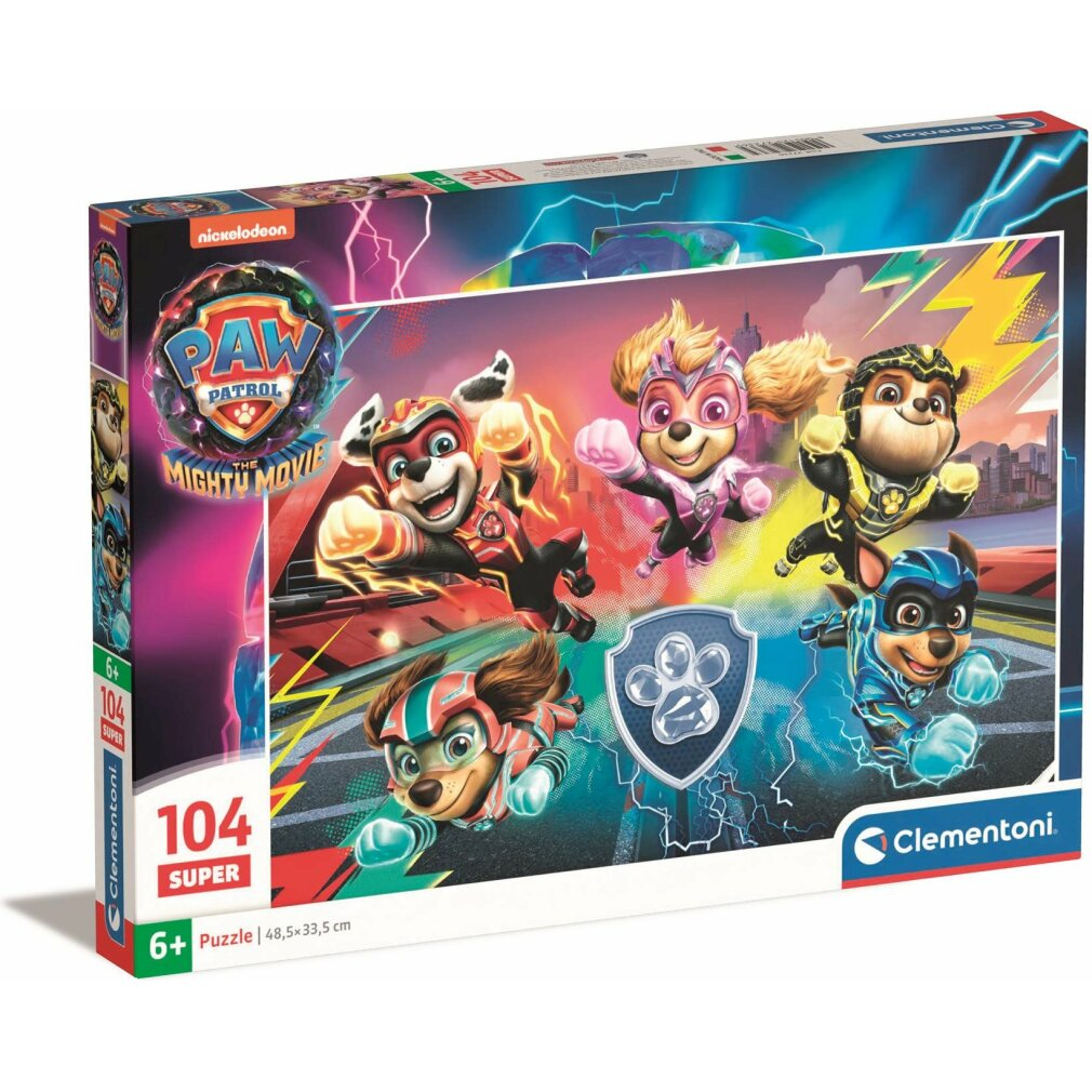 Pudełko z puzzlami Paw Patrol. Postacie w strojach superbohaterów, z tarczą i tłem błyskawic. Na pudełku napis 104 super.