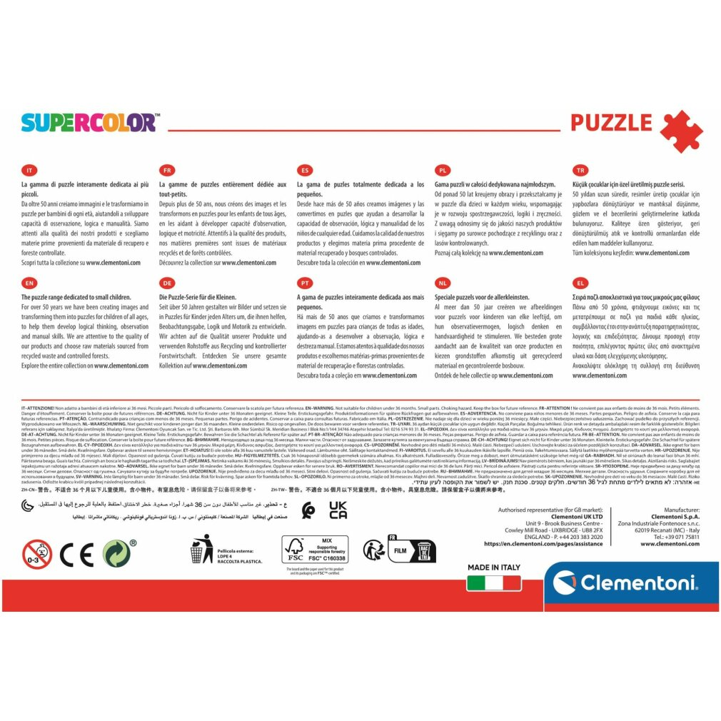 Pudełko z puzzlami z tekstem i obrazami, w tym logo i ostrzeżeniami.