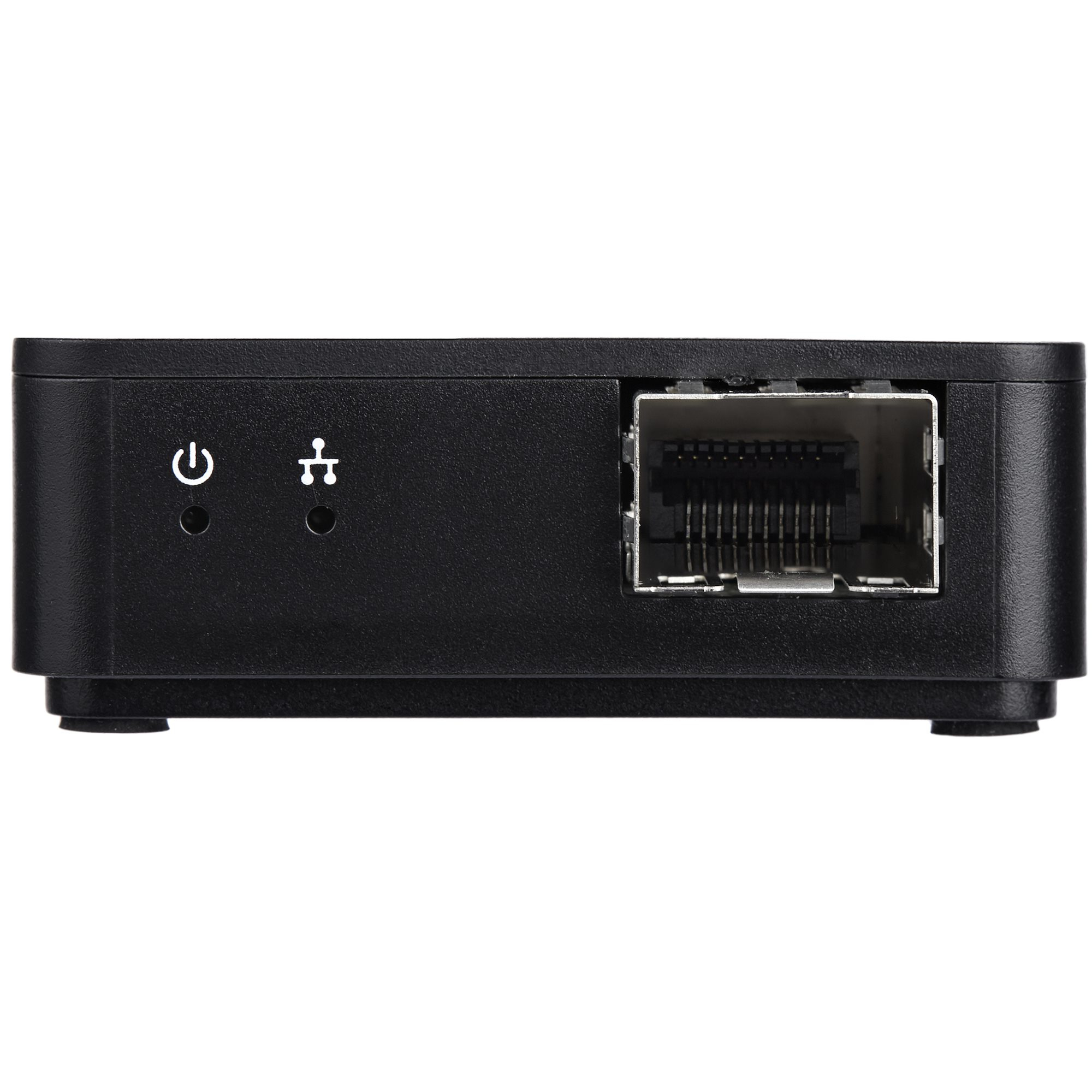 Dispositivo de red negro con iconos de encendido y USB, y un puerto Ethernet. Está sobre una superficie blanca.