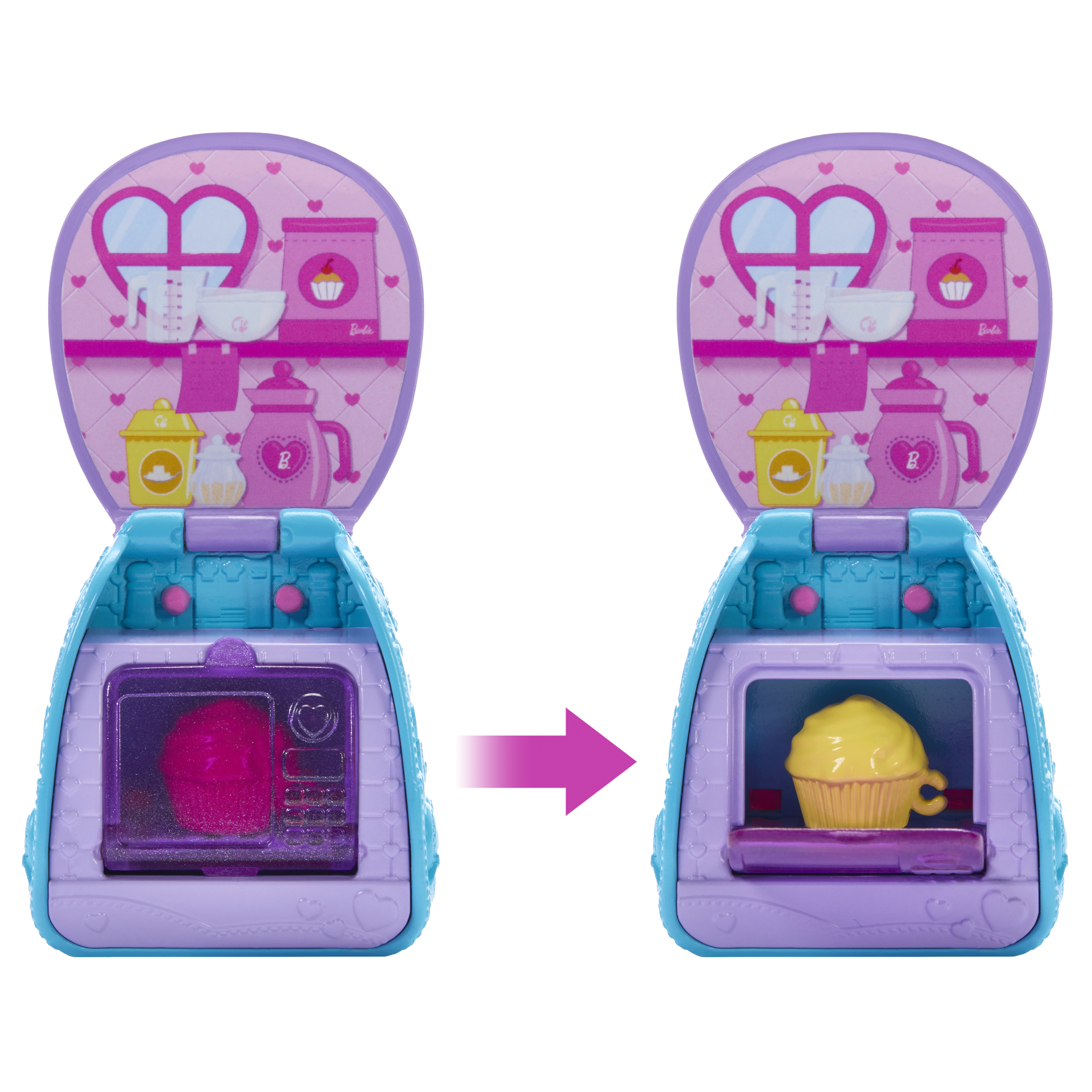 Ein Spielzeugofen öffnet sich und zeigt einen Cupcake. Links ist ein rosa Cupcake, rechts ein gelber.