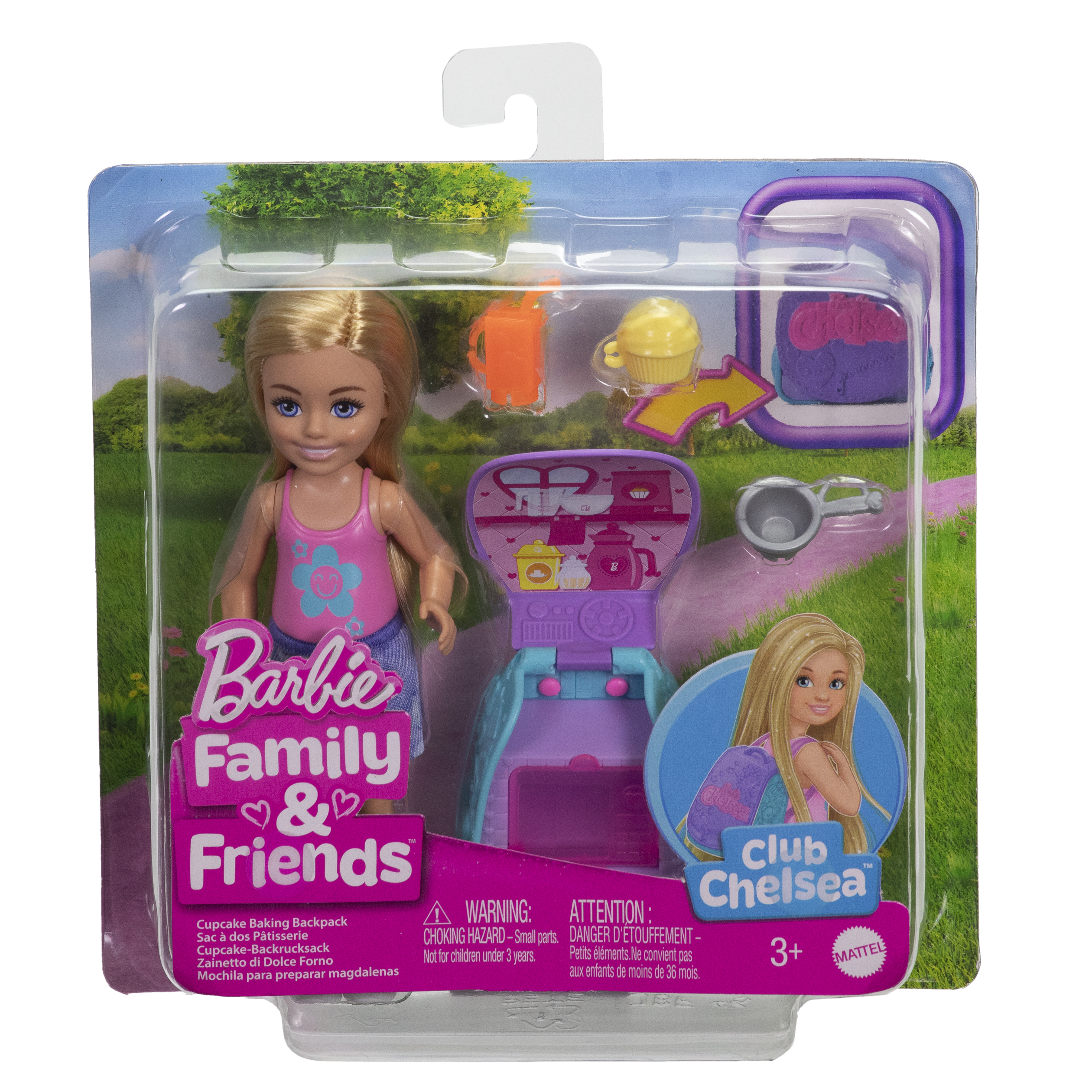 Barbie Chelsea Puppe Spielzeug in Verpackung. Enthält einen Rucksack, Backzubehör und ein Mini-Küchen-Spielset.