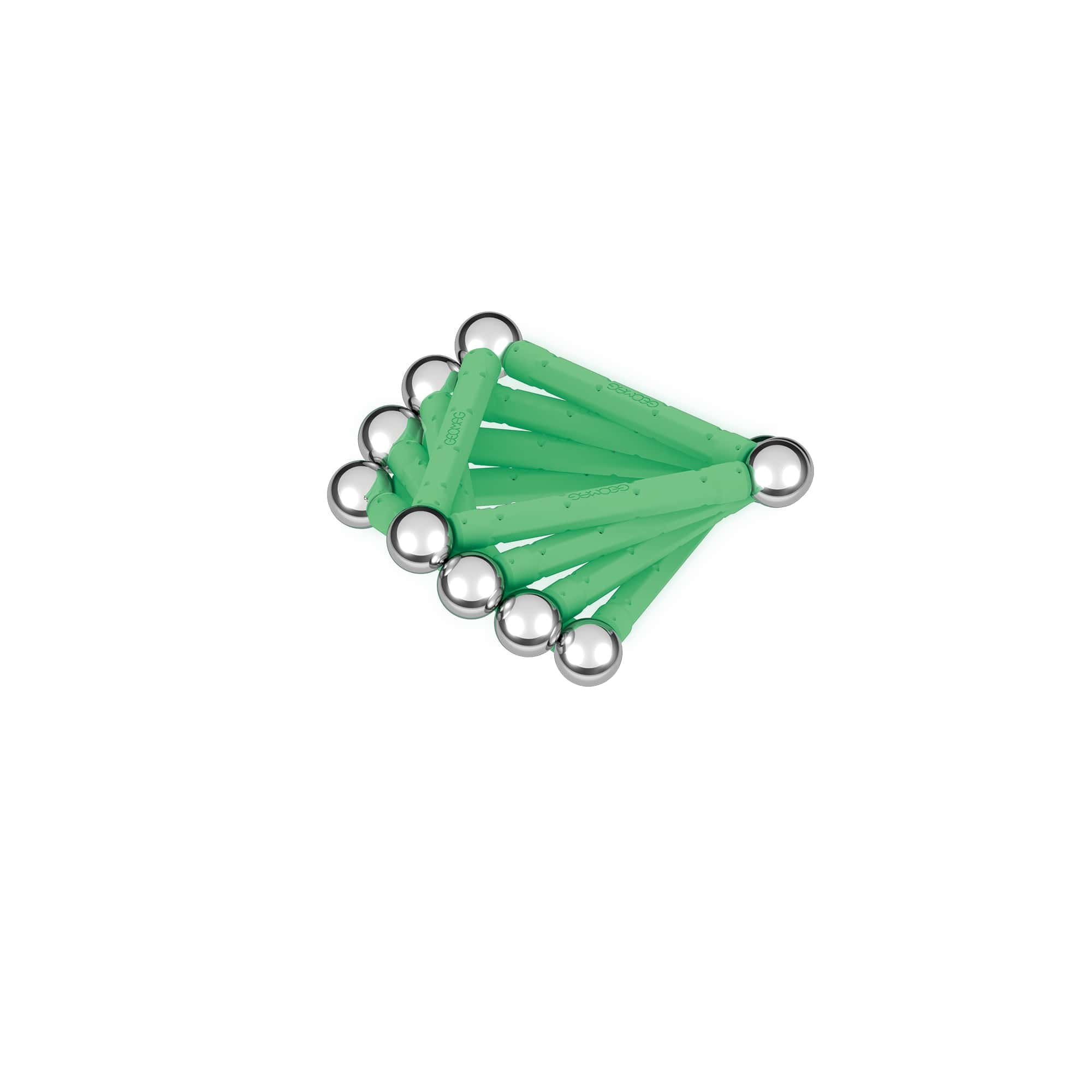 Eine Ansammlung grüner Magnetstäbe mit silbernen Kugeln, die vor weißem Hintergrund angeordnet sind.