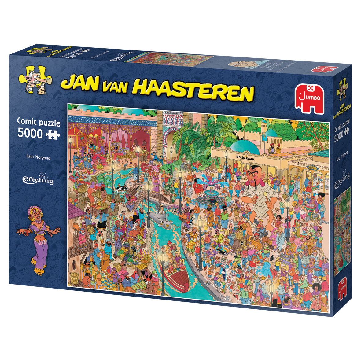 Puzzledose mit einem Cartoonbild einer überfüllten Basarszene mit Wasserweg, Menschen und Gebäuden.